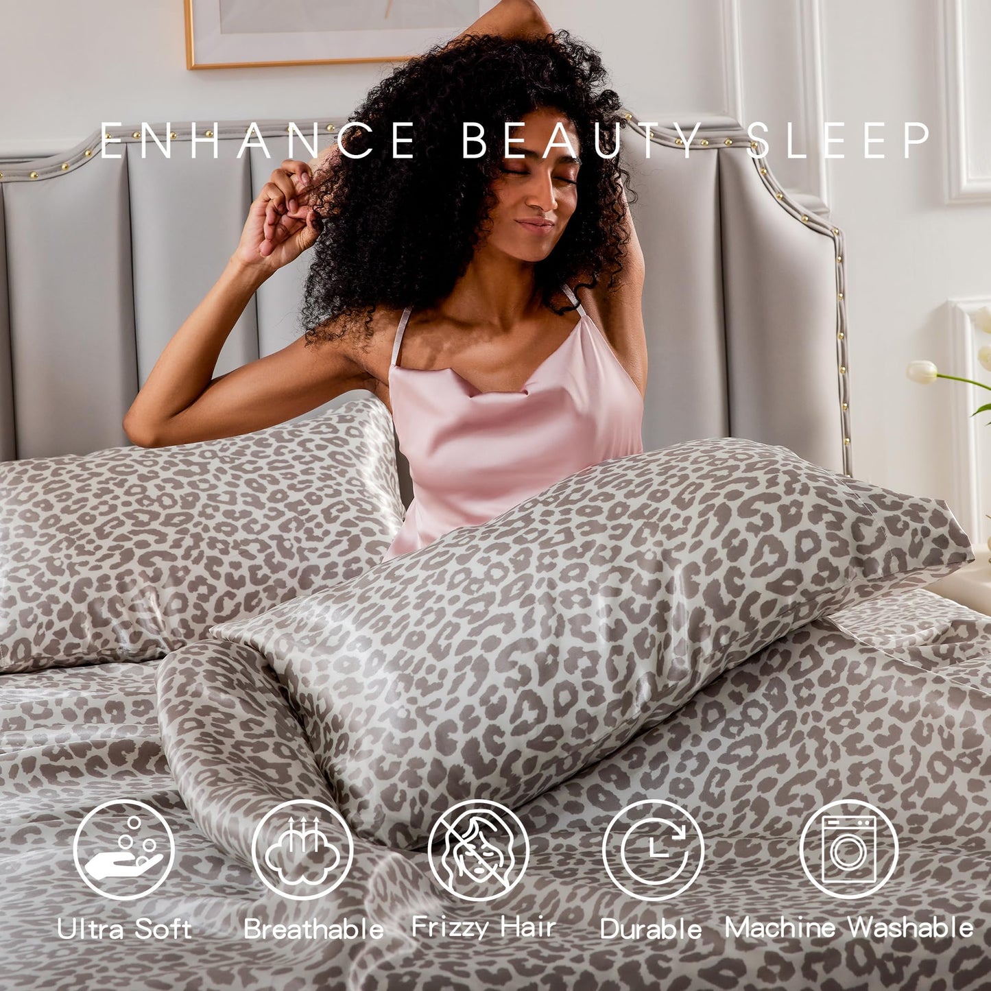 FreshCulture Satin Sheets Full Size - 4 Piece Luxury Soft Silky Full Size Bed Sheets, Similar to Silk Bed Sheet Set with 1 Deep Pocket Fitted Sheet, 1 Flat Sheet & 2 Pillowcases (Leopard)
