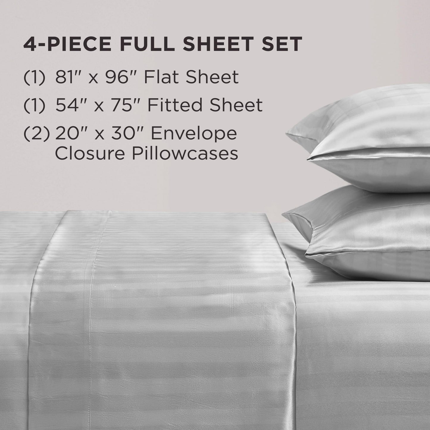 Juicy Couture Silky Satin Damask Sheet Set - Luxury Grey Bedding - Smooth Striped Sheets - Full Size