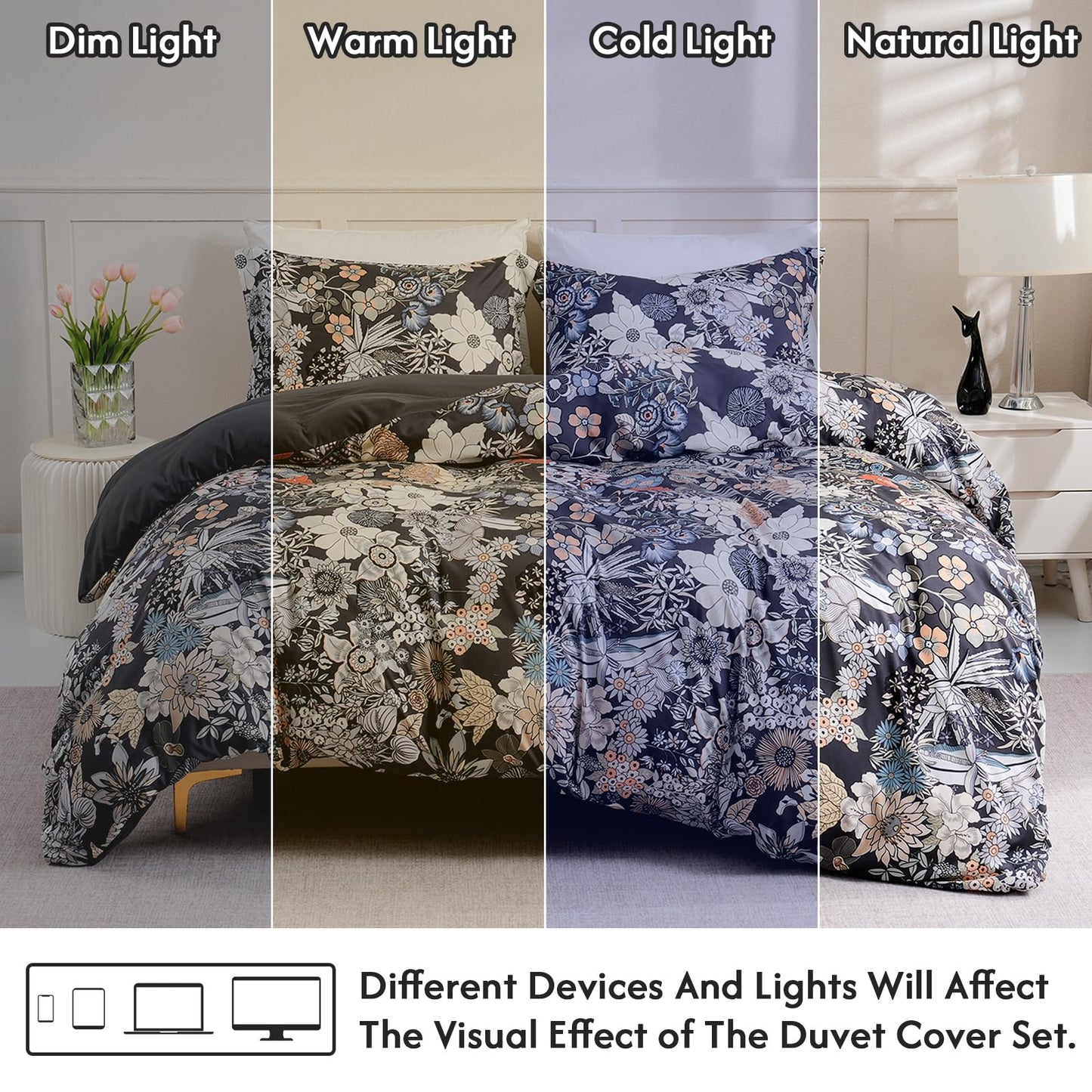 LONAVA Queen Flower 3 Pcs Duvet Cover Set, Breathable Soft Microfiber Black Lining Comforter Cover with Zipper Closure, and 2 Anti-Pilling, Fade Resistant Pillowcases, Midnight Blossoms