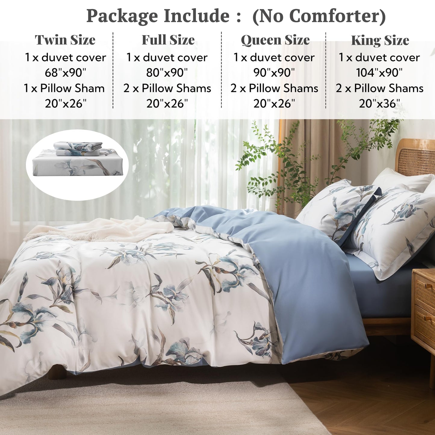 MILDLY Queen Duvet Cover Set - 100% Long-Staple Cotton White Blue Floral Patten Reversible Comforter Cover - 3Pcs Soft Breathable Luxury Bedding for All Season