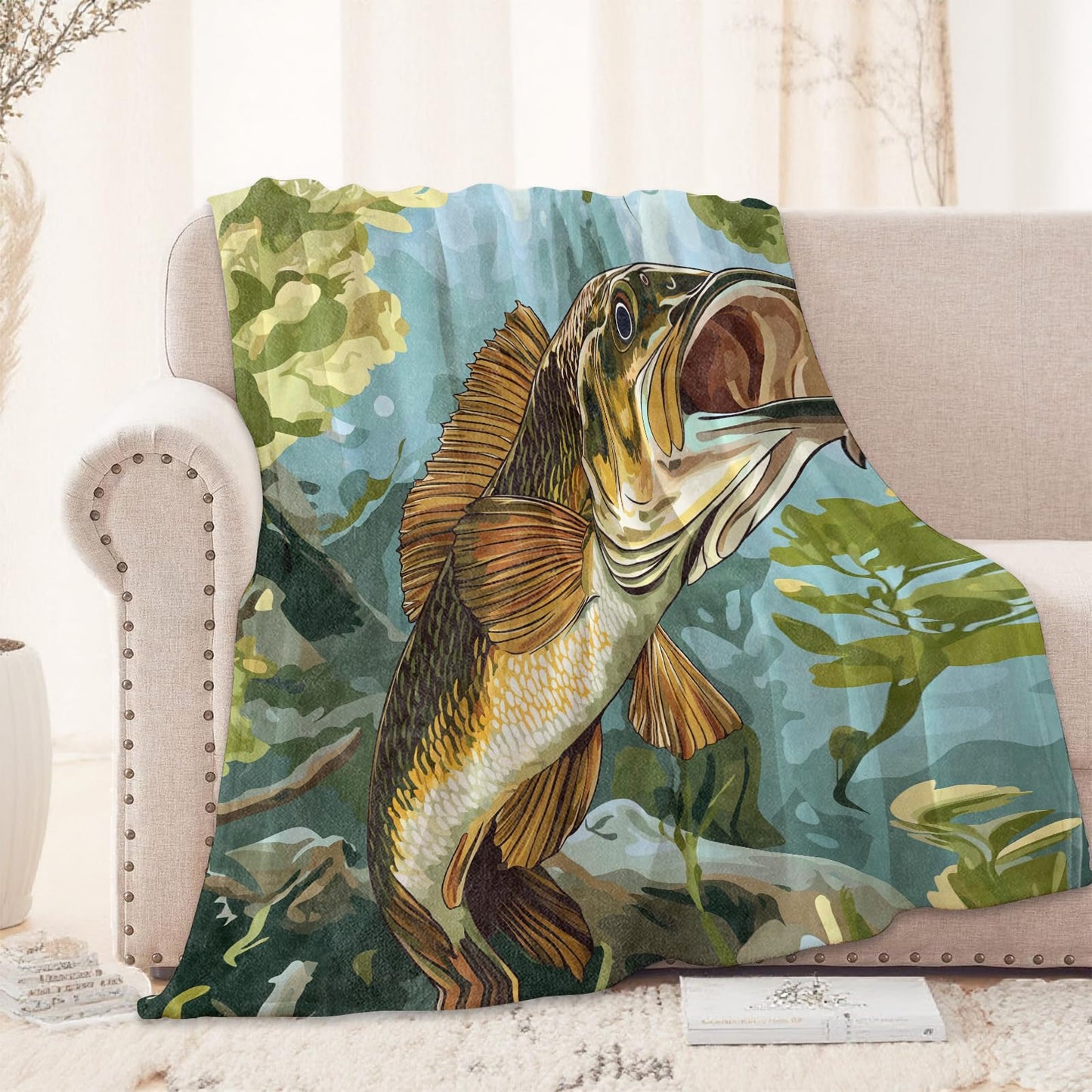 Bass Fish Blanket 50X60 in, Flannel Throw Blankets for Travel Camping Sofa Living Room Decor, Lightweight Cozy Soft Fuzzy Gifts for Women Adults Kids