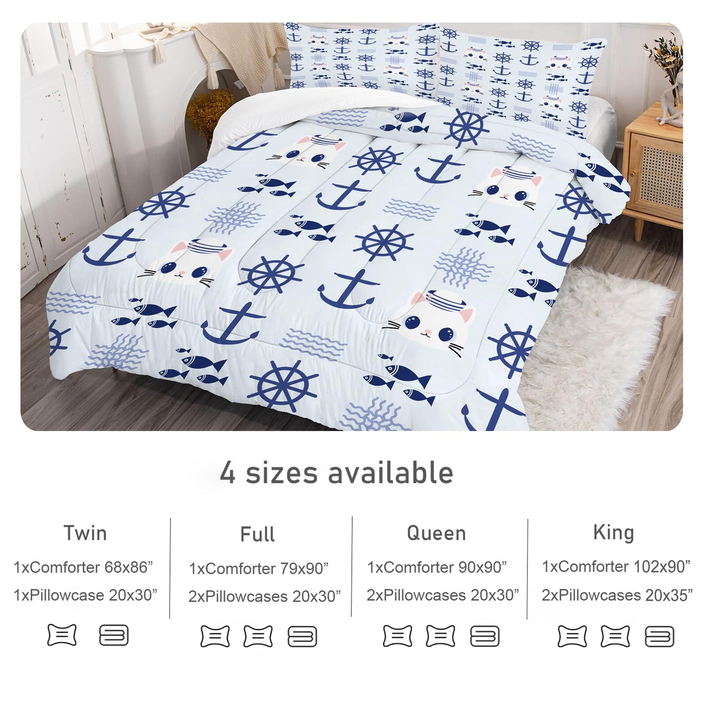 EDGZKO Nautical Cat Comforter Set Full Size Navy Anchor Sailor Cats Bedding Sets Cartoon Blue Marine Theme Bed Set for Teen Girls Boys Kids, 1 Comforter & 2 Pillowcases