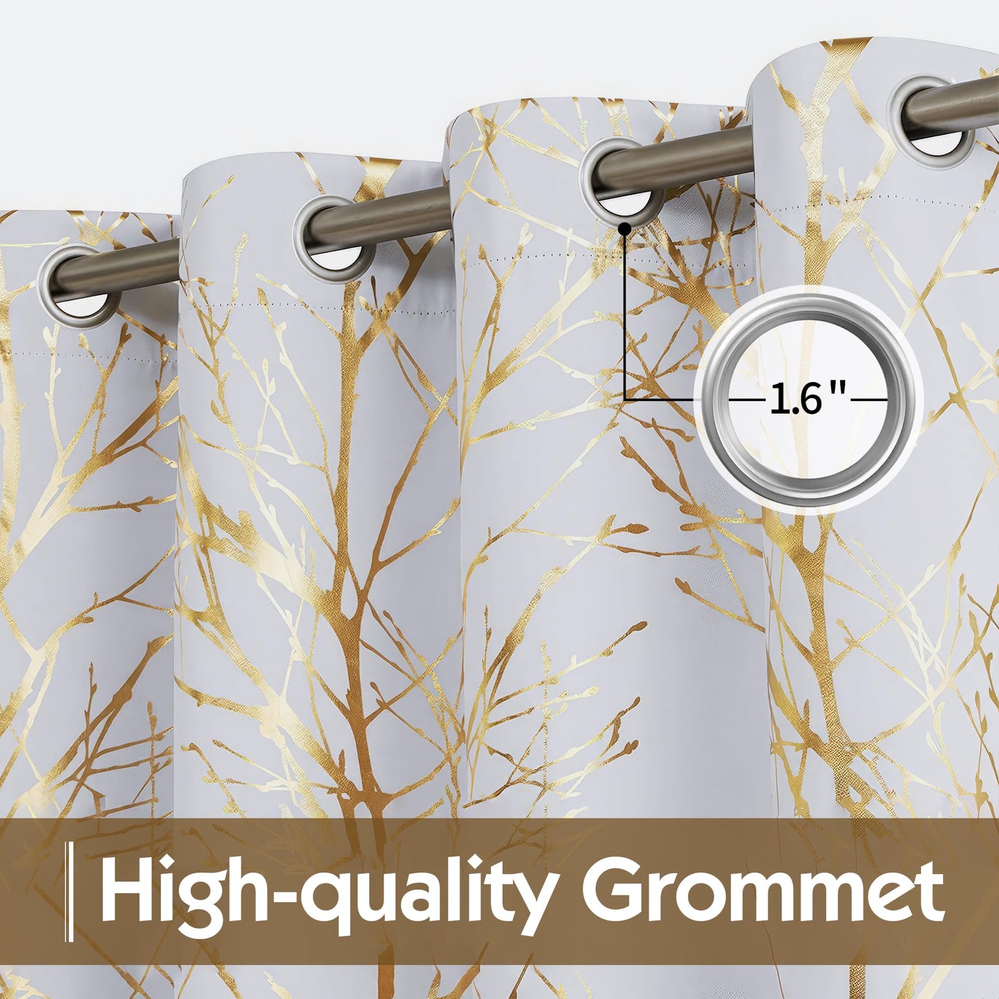FMFUNCTEX 100% Blackout Curtains White Gold Tree for Living Room, Curtains 84 Inches Long Foil Branch Patterned Panels for Bedroom, Thermal Insulated Drapes for Home Office Grommet Top 2 Panels