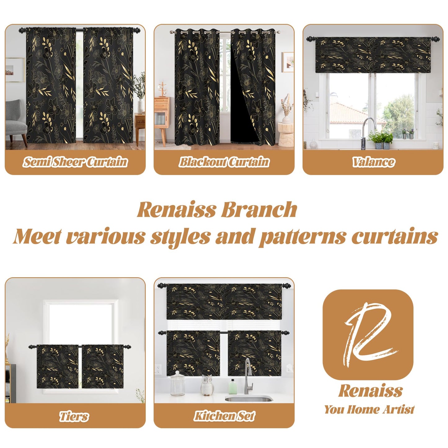 Renaiss 42 x 84 Inch Black Gold Floral Blackout Curtains for Bedroom Printed Gold Stroke Flower Curtains French Country Grommet Window Treatment Curtain Farmhouse Drapes Black Liner 2 Panels