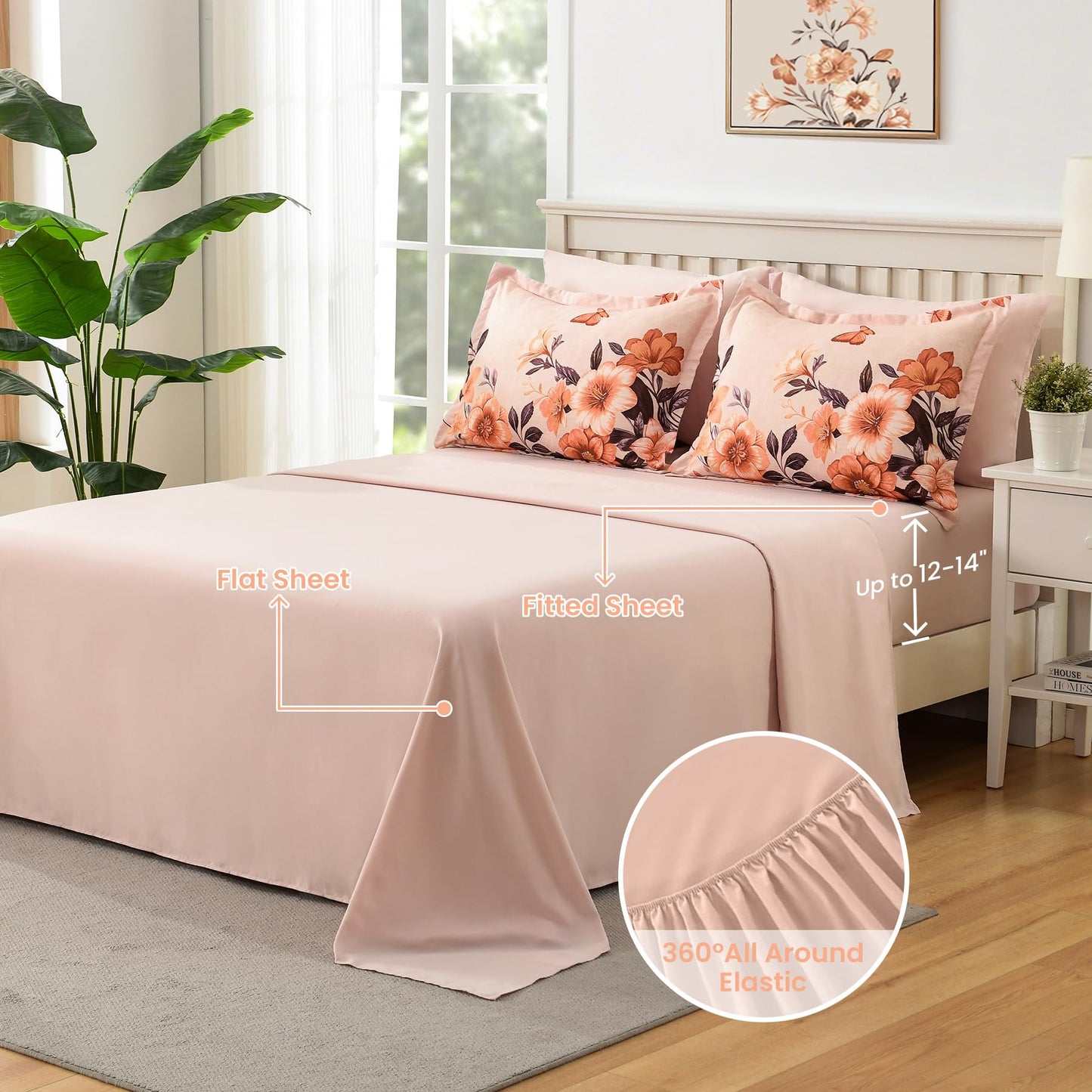 DHSFKBE Floral Comforter Set Queen Size,7 Piece Orange Bed in a Bag, Elegant Flower Pattern Comforter Set with Sheet, Soft Microfiber Complete Bedding Sets for All Season