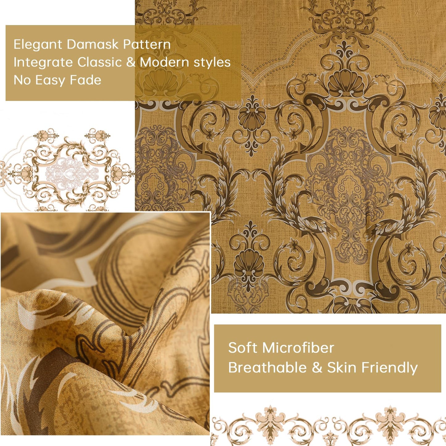 Mybedsoul Gold Queen Comforter Set, 7 Pieces Boho Bed in a Bag for Queen Bed, Damask Comforter with Sheets Pillowcases, Soft Microfiber Lightweight Bedding Sets for All Season(90"x90")