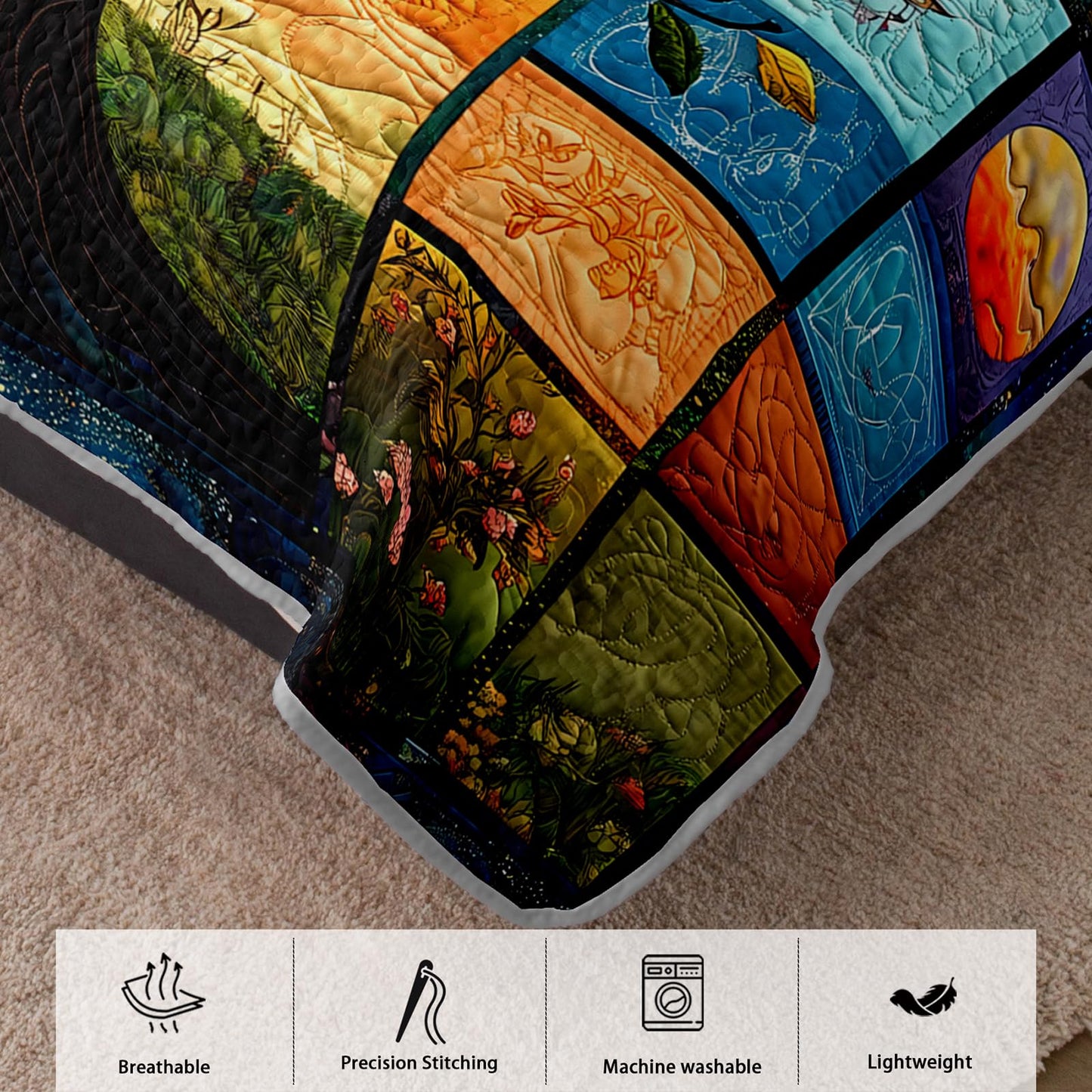 AILONEN Tree of Life Quillt Set Queen Size, Sun Moon Boho Bedspread Coverlet,Soft Microfiber Quilt,2 Pillowcases,3-Piece Colorful Natural Botanical Print Bedding