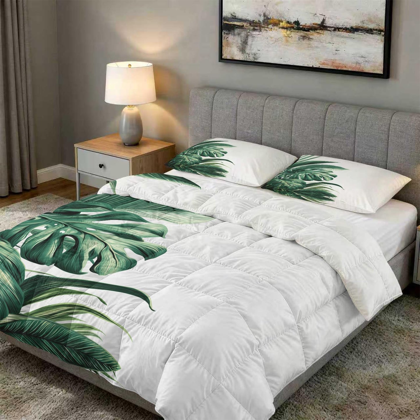 Monstera Leaf Comforter Set King Size 3Pc, Tropical Green Leaves Pattern Down Alternative Bed Comforter, 2 Pillow Shams, Soft All Season Bedding, Monstera Leaf Bedroom Decor AF2450