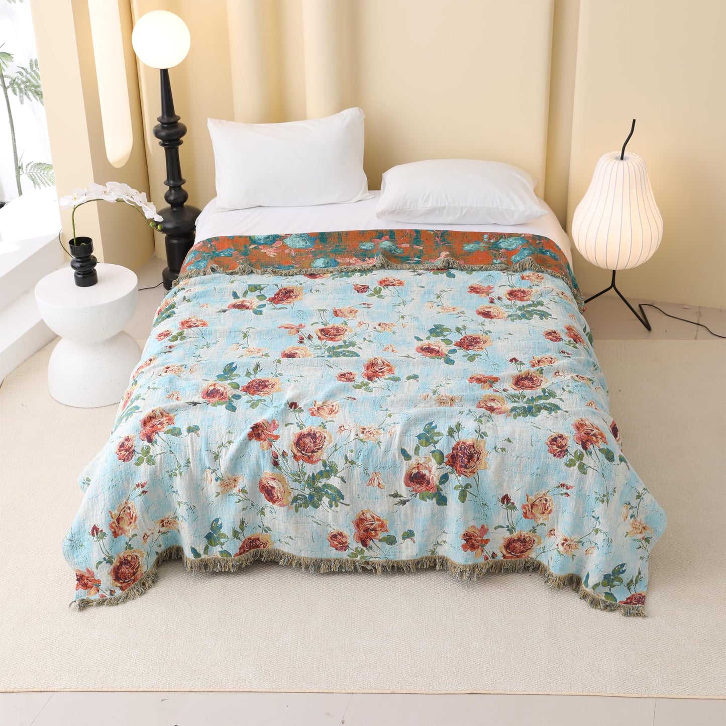 BRYALIX 100% Cotton Muslin Floral Throw Blanket, Blue with Rose Pattern, Lightweight Quilt, Boho Farmhouse Decorative Fringed Reversible Jacquard Throw for Home, Picnic, Travel, 60"x80"