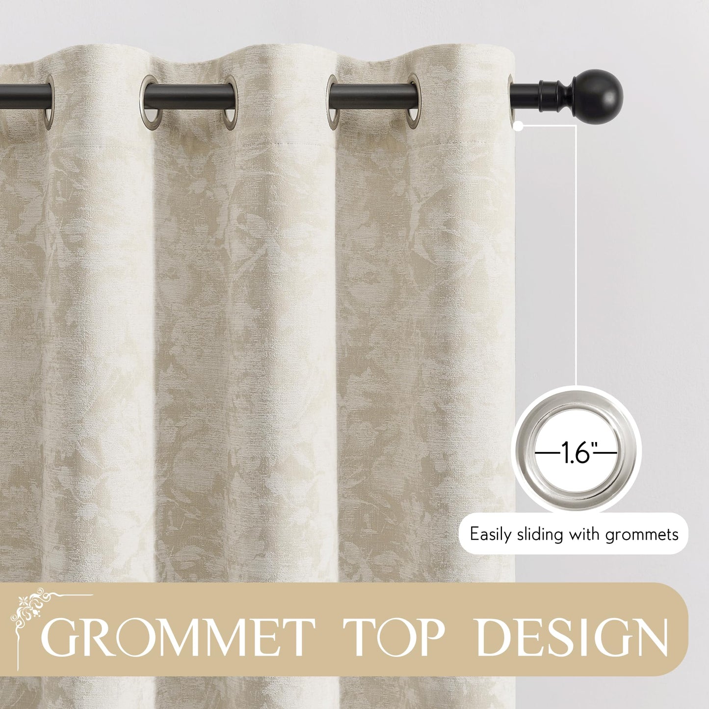 Beauoop Beige Floral Jacquard Blackout Curtains 84 Inches Long 2 Panels for Bedroom Living Room Flower Chenille Room Darkening Thermal Insulated Soundproof Grommet Window Treatments Drapes 52x84x2
