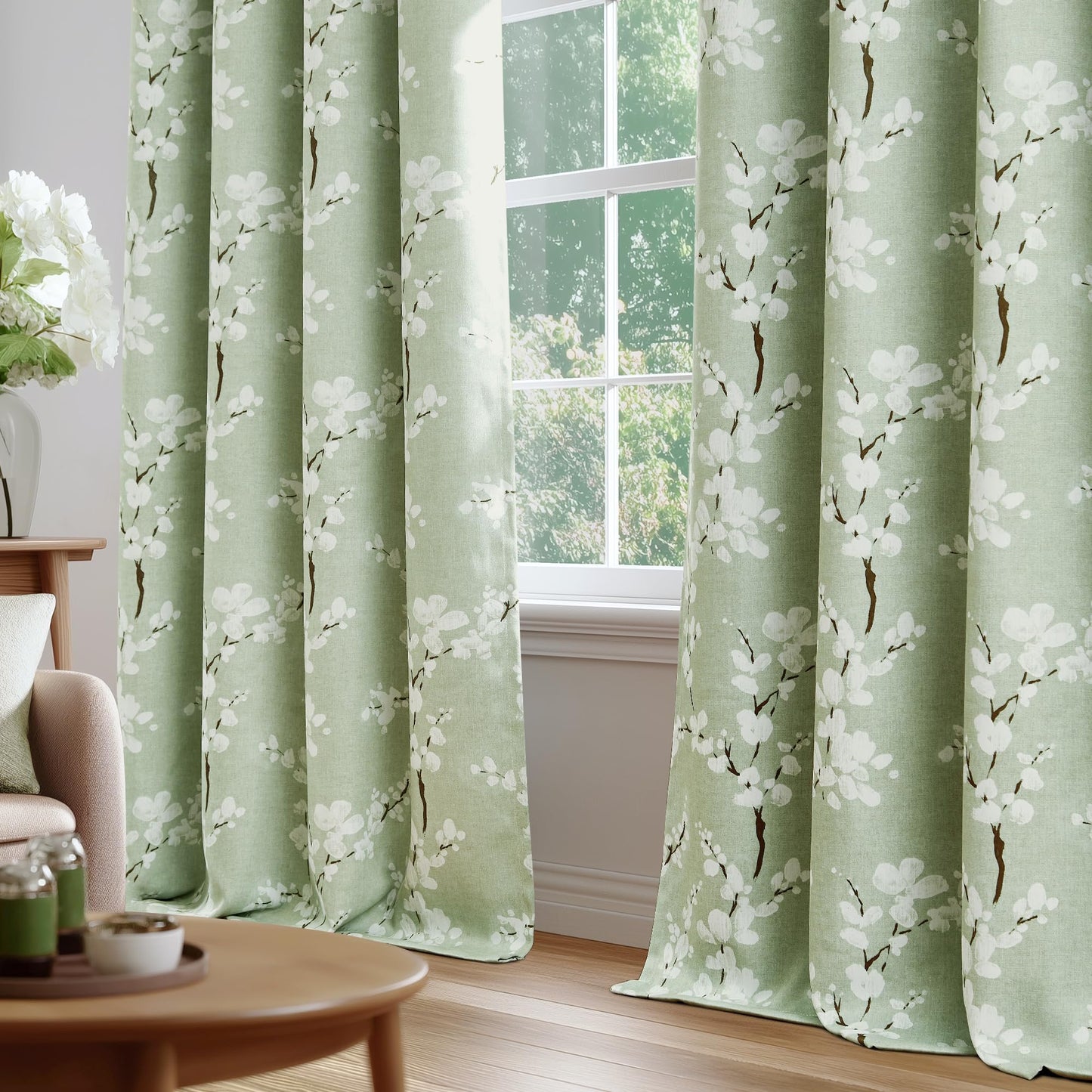 FMFUNCTEX 100% Blackout Floral Curtains for Bedroom, Sage Green Curtains 63 inch Length Blossom Patterned for Living Room, Thermal Insulated Farmhouse Drapes, Grommet Top 2 Panels (White on Green)
