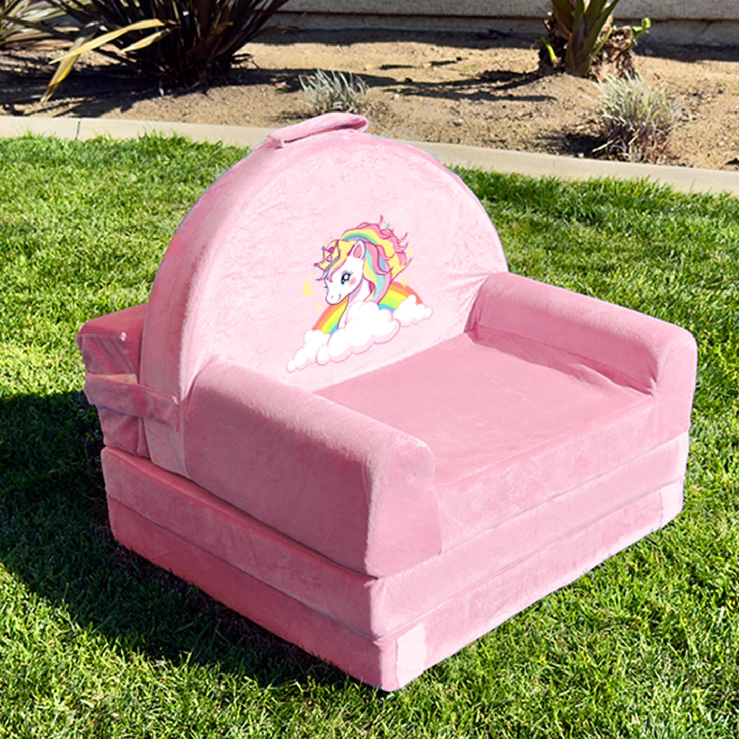 ORWIPO Unicorn Kids Sofa Bed with Removable Washable Cover & Hook and Loop Backrest – Foldable Toddler Chair, Cozy Crystal Velvet Furniture for Playtime, Naps & Travel (Pink, Unicorn Design)