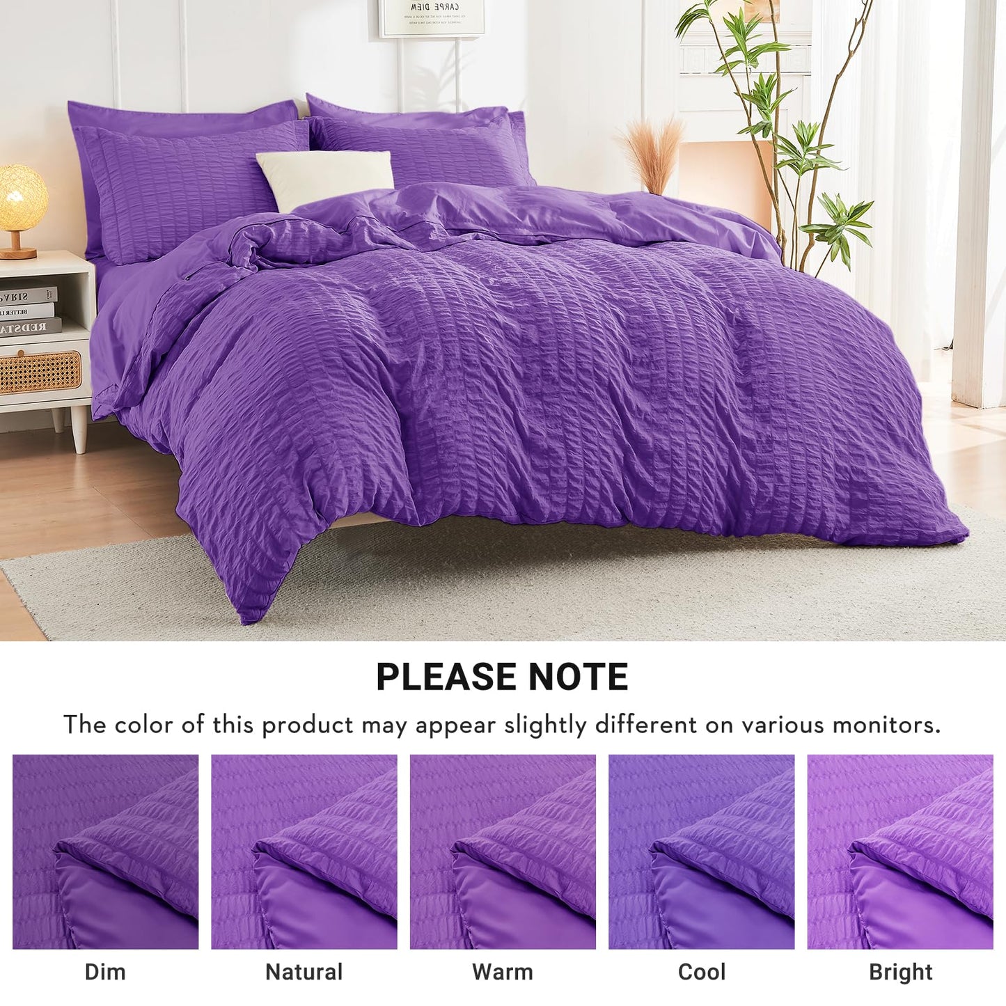 HYMOKEGE Bright Purple Twin Comforter Set Seersucker 5 Pieces, All Season Luxury Bed in a Bag for Bedroom, Bedding Set with Comforter, Sheets, Pillowcase & Sham