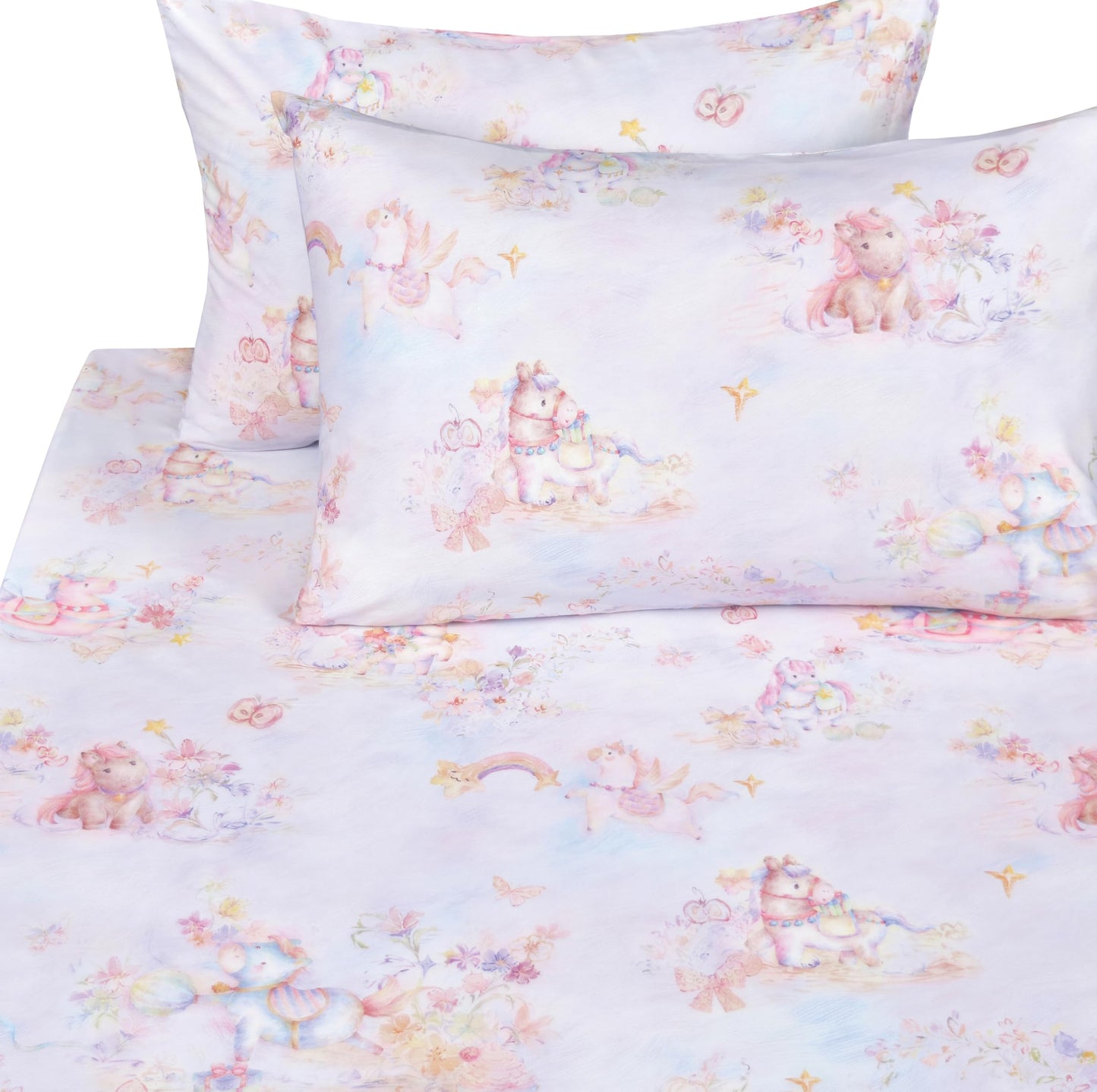 Scientific Sleep Pastel Unicorn Pony Horse Flower Fairy Tale Cute Adorable 100% Cotton Bed Sheet Set Kids Boys Girls Teen, Flat Sheet & Fitted Sheet & Pillowcase Bedding Set (Pretty Pony, Full)