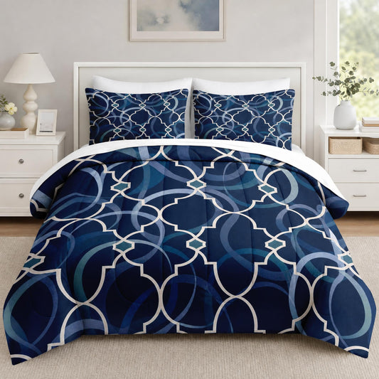 Boewywh Comforter Set Twin Size Geometric Moroccan Navy 7 Pcs, Bedding for Kids and Adults, Blue Modern Bed Sheet Sets with Fitted Sheet 2 Pillowcases & 2 Shams for Bedroom Bed Decor