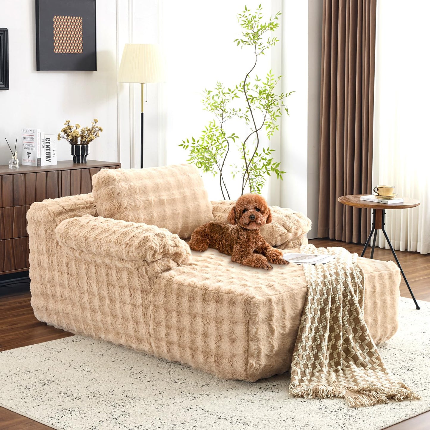 VINGLI Boneless Chaise Lounge Chair Indoor, 55.5" Deep Seat Sleeper Sofa Bed Upholstered Bubble Fleece Fabric Couches for Living Room, Bedroom, Play Room, No Assembly Required