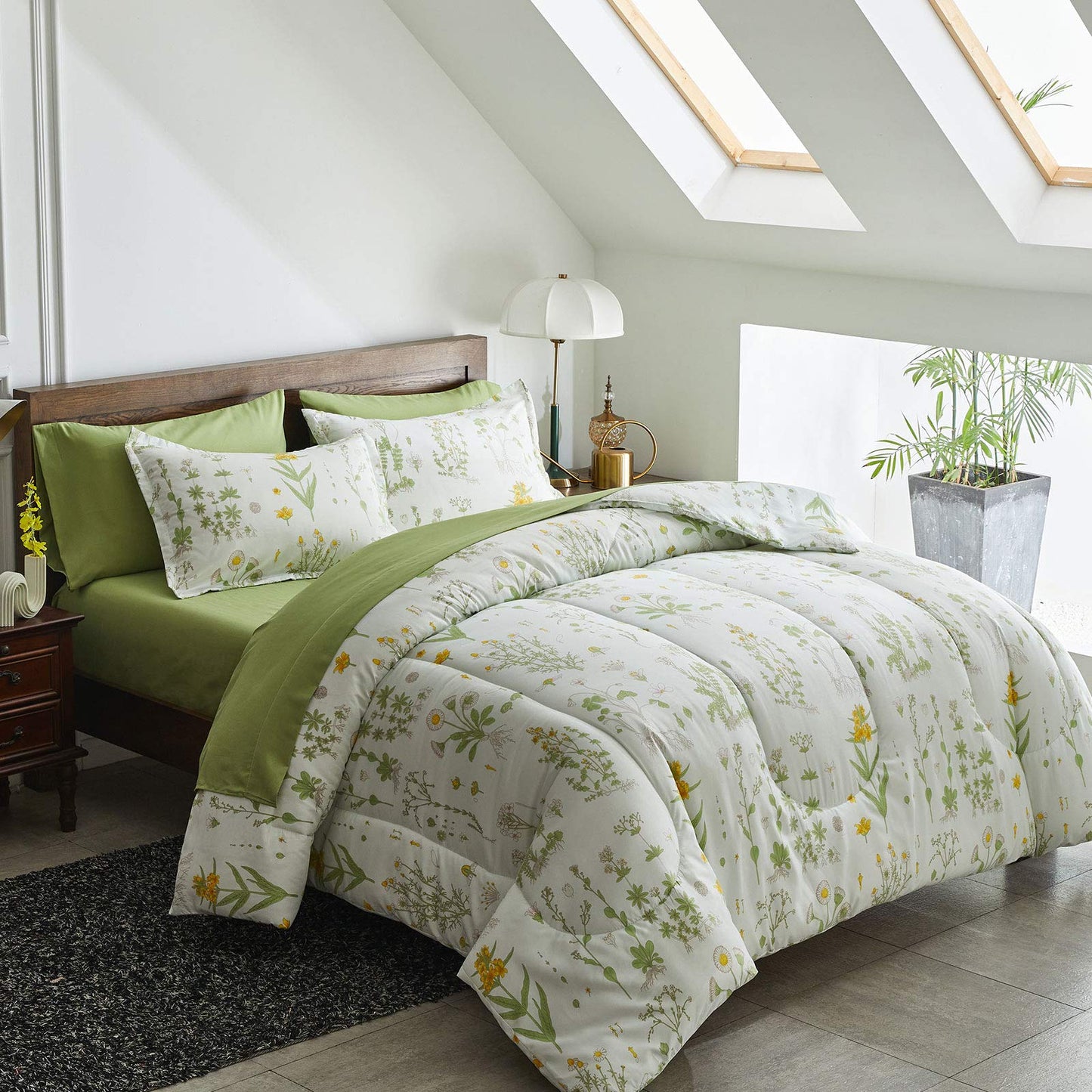 Joyreap 7 Piece Botanical Bed in a Bag Queen, Green Leaves Yellow Flower on Green Tint, Smooth Soft Microfiber Comforter Sheet Set for All Season