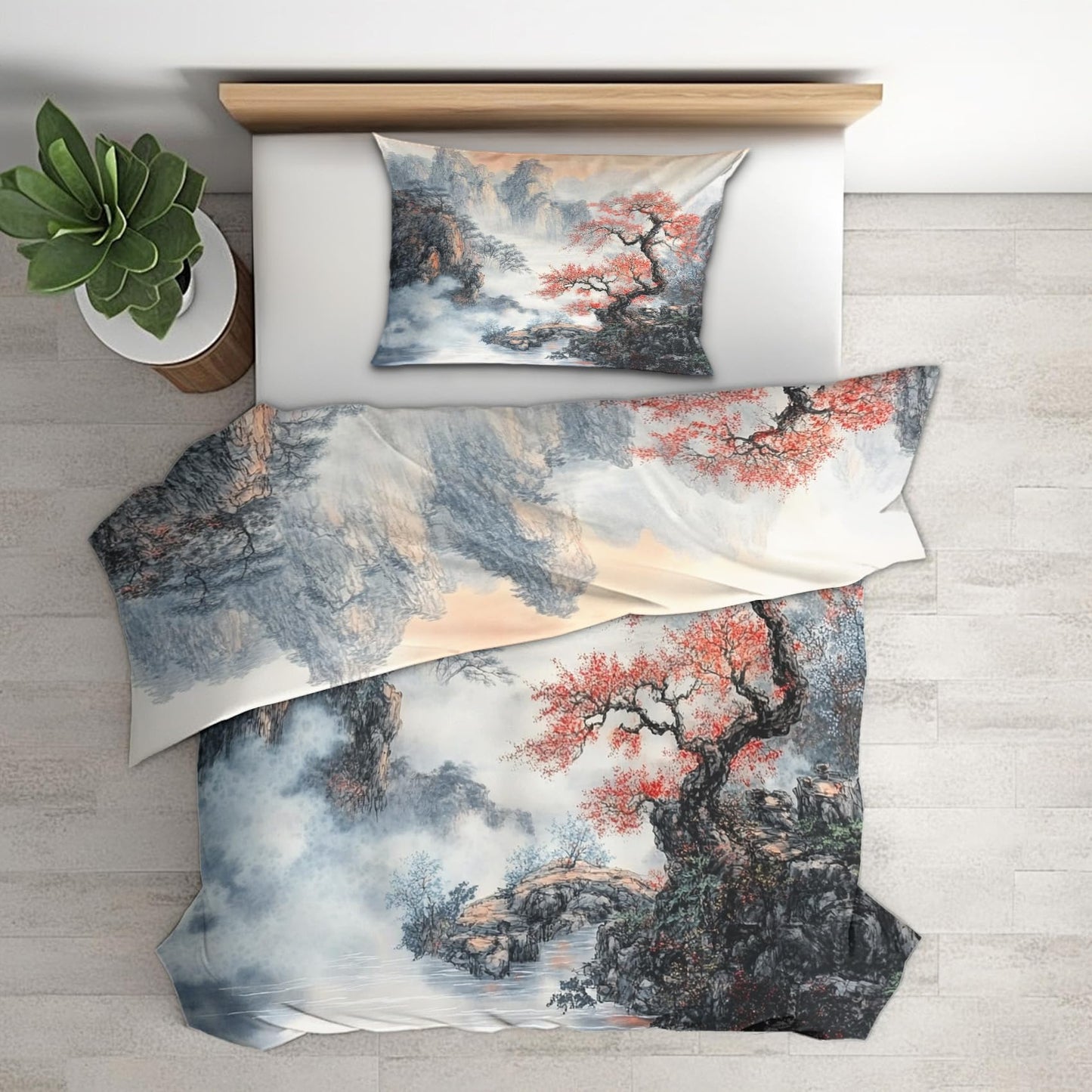 zcwl Chinese Landscape Duvet Cover Oversized King Size | Mountain Tree Bedding Set | 3 Piece | Soft Microfiber Patterned Comforter Cover with Zipper Ties & 2 Pillowcases | Nature Scenery Bedroom Decor