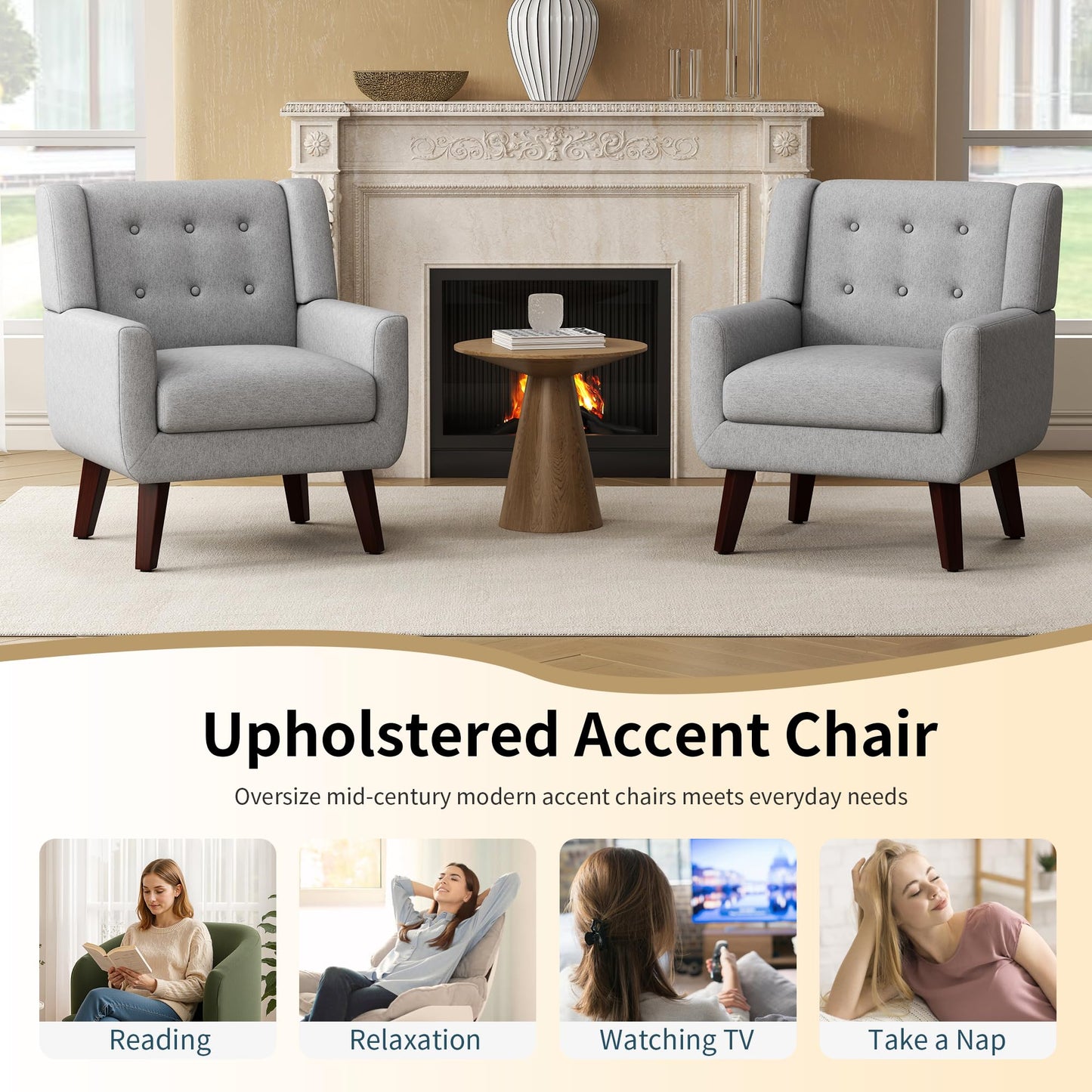 FaFaSoGoodFa Linen Fabric Living Room Chairs, Accent Chair, Mid Century Modern Armchair for Living Room, Bedroom Button Tufted Upholstered Comfy Reading Sofas,Vanity Chair (2, Light Grey)