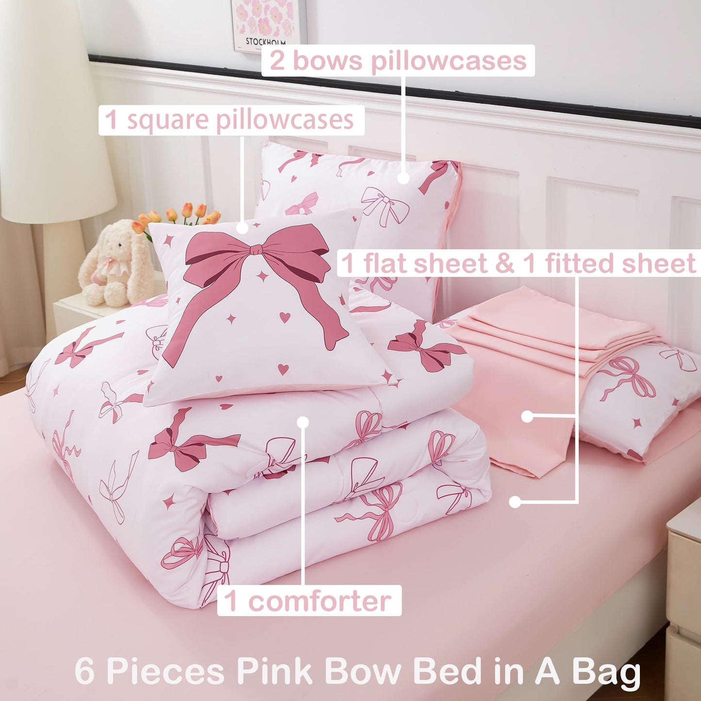 ANGIYUIN Pink Bow Full Size Comforter Sets, Ribbon Bow Knot Girls Bedding Set, 6 Pieces Lover Hearts Stars Kids Bed in a Bag with Sheets(Bow Full)