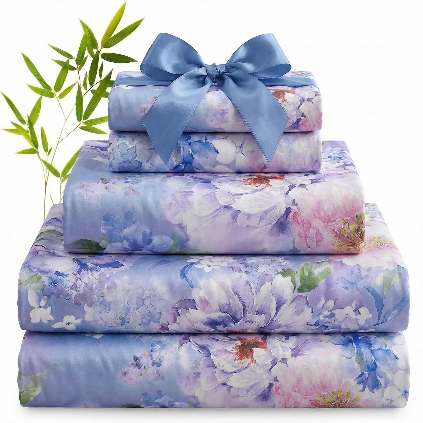 YIYEA 100% Viscose Derived from Bamboo Sheets, 600 Thread Count Cooling Bed Sheet Set for Hot Sleepers, Silky Soft, Breathable, 16" Deep Pocket, 3PC, Twin, Floral