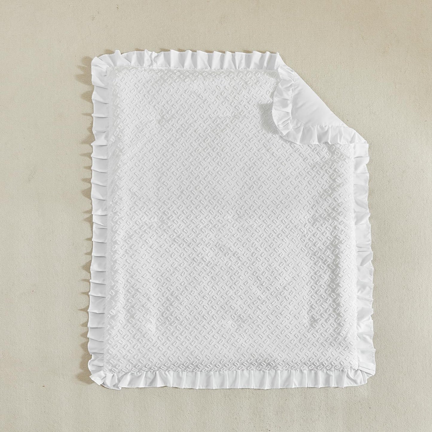 3 Pieces Tufted Crib Bedding Set with Ruffle Fringe, White Ruffled Comforter with Fitted Sheet and Bed Skirt , Soft and Embroidery Shabby Chic Boho Bohemian Jacquard Design for Baby Girls Boys