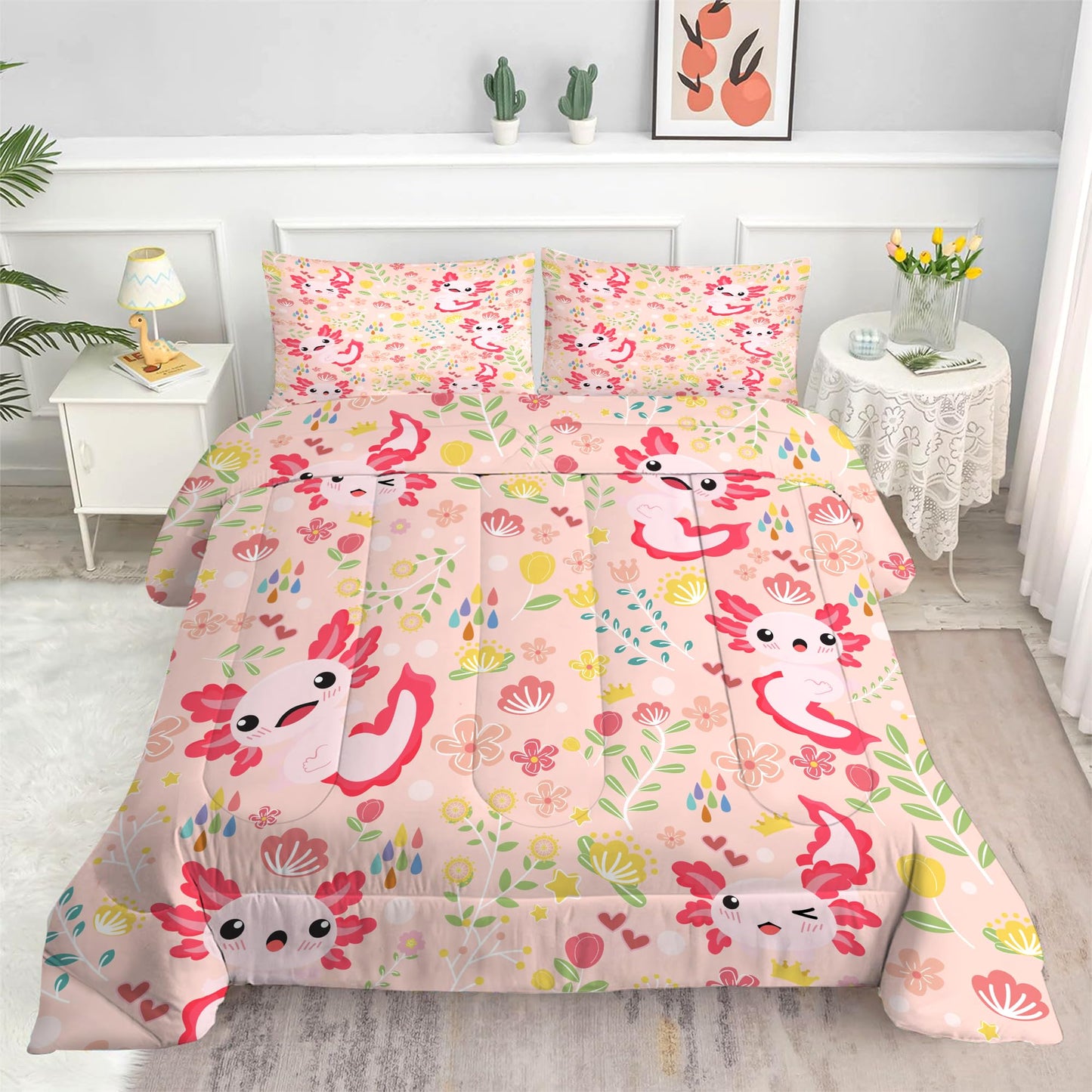 EDGZKO Axolotl Comforter Set Full Size Pink Floral Axolotl Bedding Sets for Kids Girls Teens Bedroom Cute Cartoon Flowers Bed Set 1 Comforter & 2 Pillowcases
