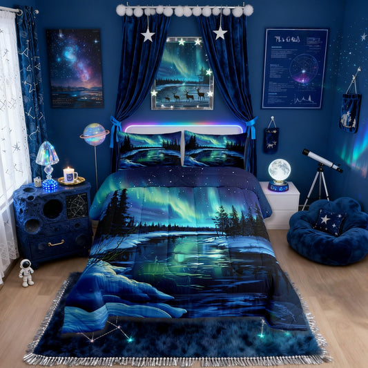 Manfei Natural Aurora Girls Bedding Set Twin Size, Dreamy Galaxy Arctic Aurora Comforter Set，Starry Night Sky Romantic Quilt Comforter for Boys Teens,Blue Green Room Decor All Season,1 Pillowcase