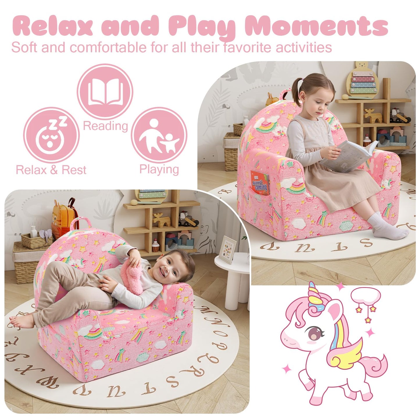 MeMoreCool Comfy Kids Chair for Ages 3+, Glow Unicorn Kids Reading Chair, Soft Plush Kids Armchair, Cozy Foam Kids Armchair for Kids Room, Living Room, Playroom, Reading Nook