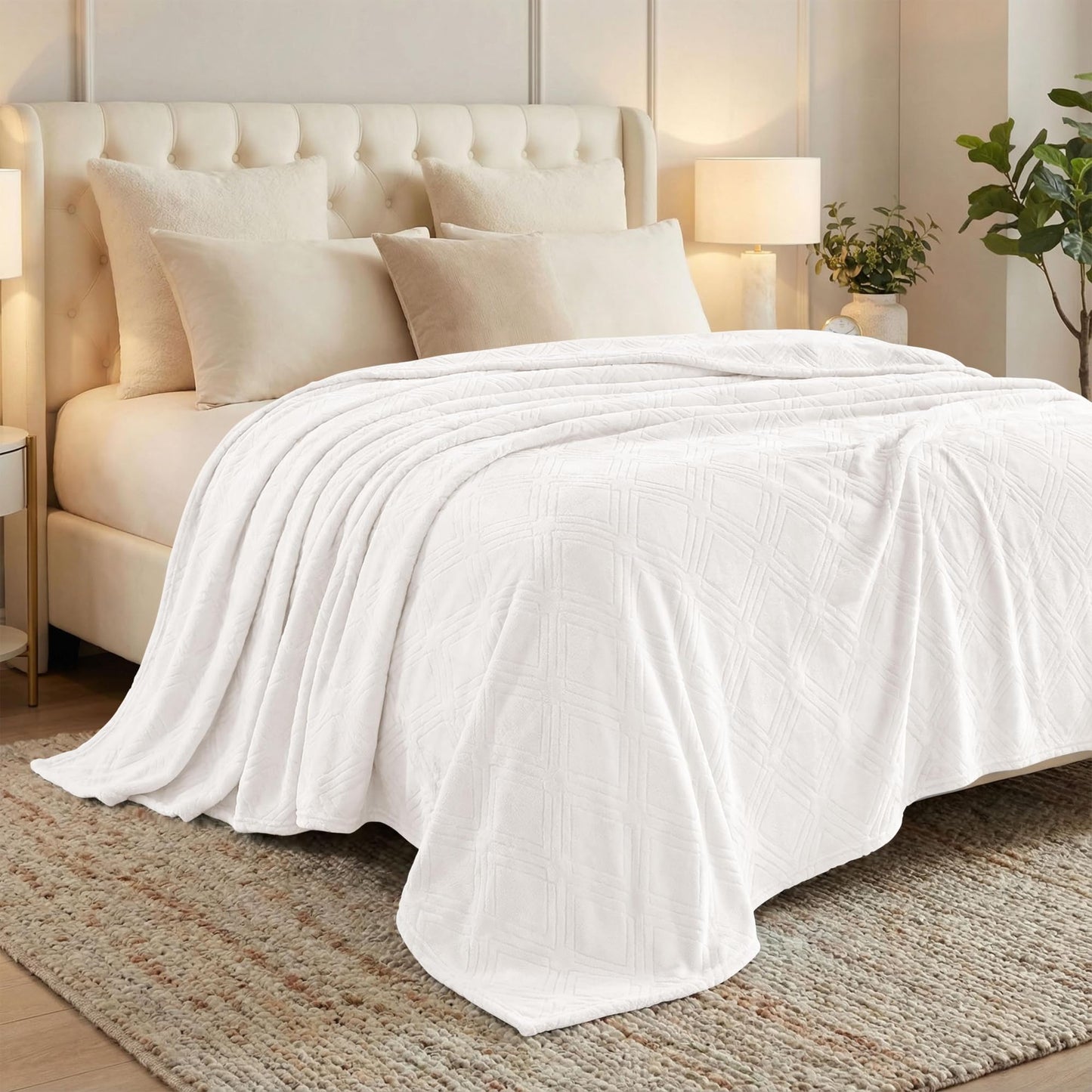 Superior Alaska Collection Quilted Diamond Throw Blanket - Soft Plush Velvety Fleece Blanket for Couch, Bed and Living Room Decor - Cozy, Warm & Lightweight All-Season Cover, King Size, Ivory