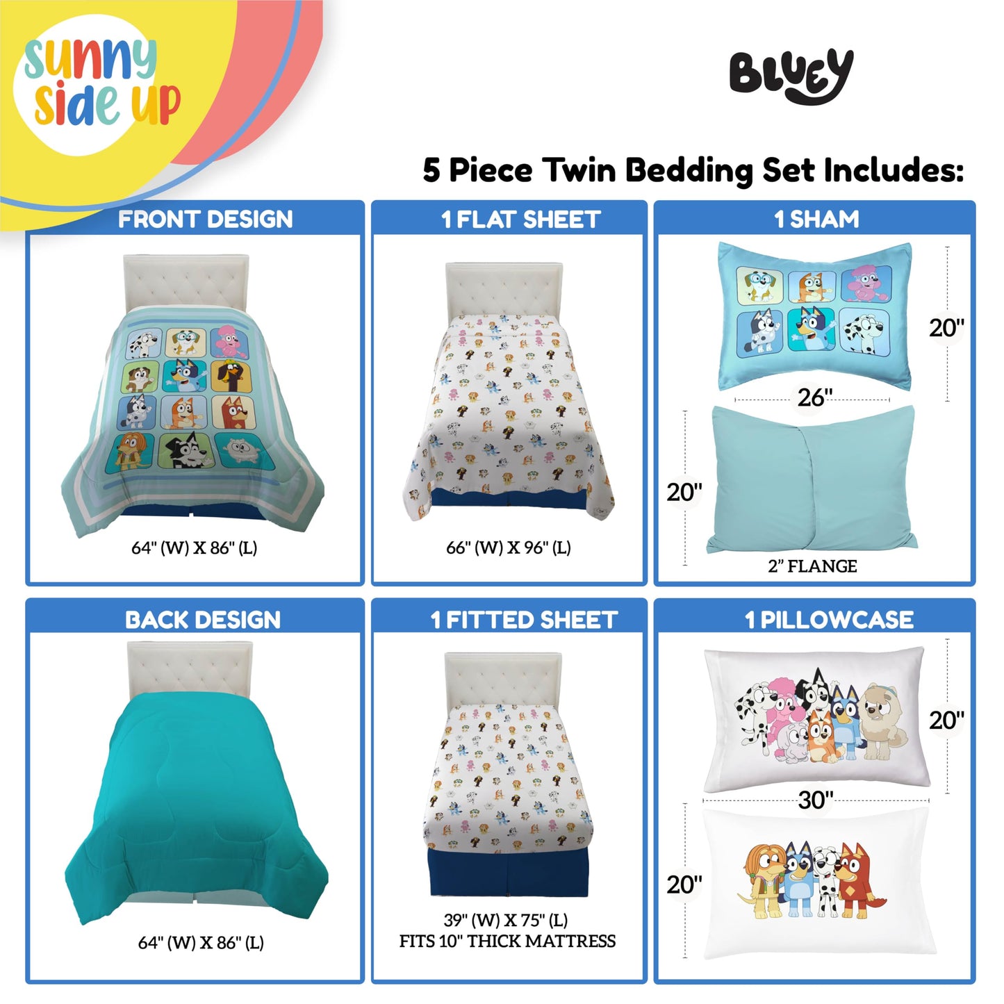 Sunny Side Up Bluey & Friends Twin Comforter Set - 5 Piece Kids Bedding Includes Comforter, Sheets & Pillow Cover - Super Soft Microfiber Bed Set