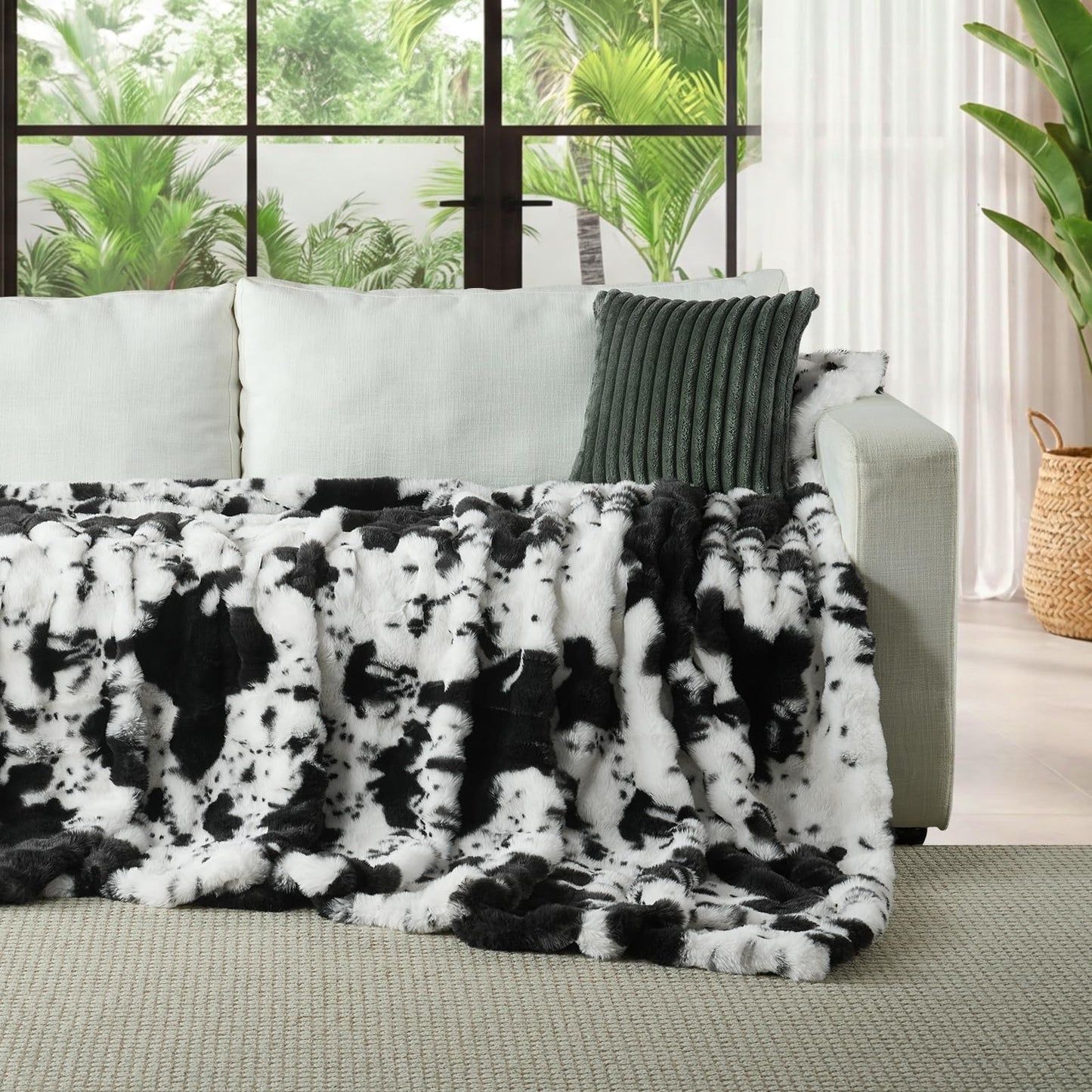 Lotus Karen Faux Fur Throw Blanket Cow Print-Black, Fluffy Fuzzy Plush Bubble Blanket for Couch, 60x50 Inches Cozy Shaggy Rabbit Blanket, Luxury Decorative Gifts for Sofa Bedroom Living Room.