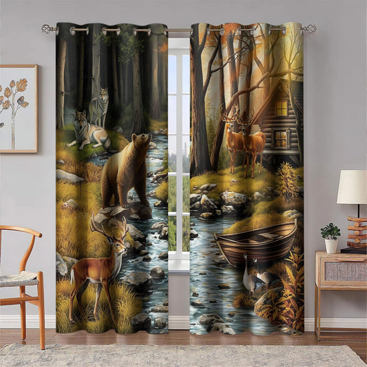 HIYSMT Rustic Cabin Wildlife Curtains,Bear Deer Dusk Forest Animal Blackout Curtain for Bedroom,5284inch Farmhouse Hunting Drapes for Room Decor 2Panel HI052YL