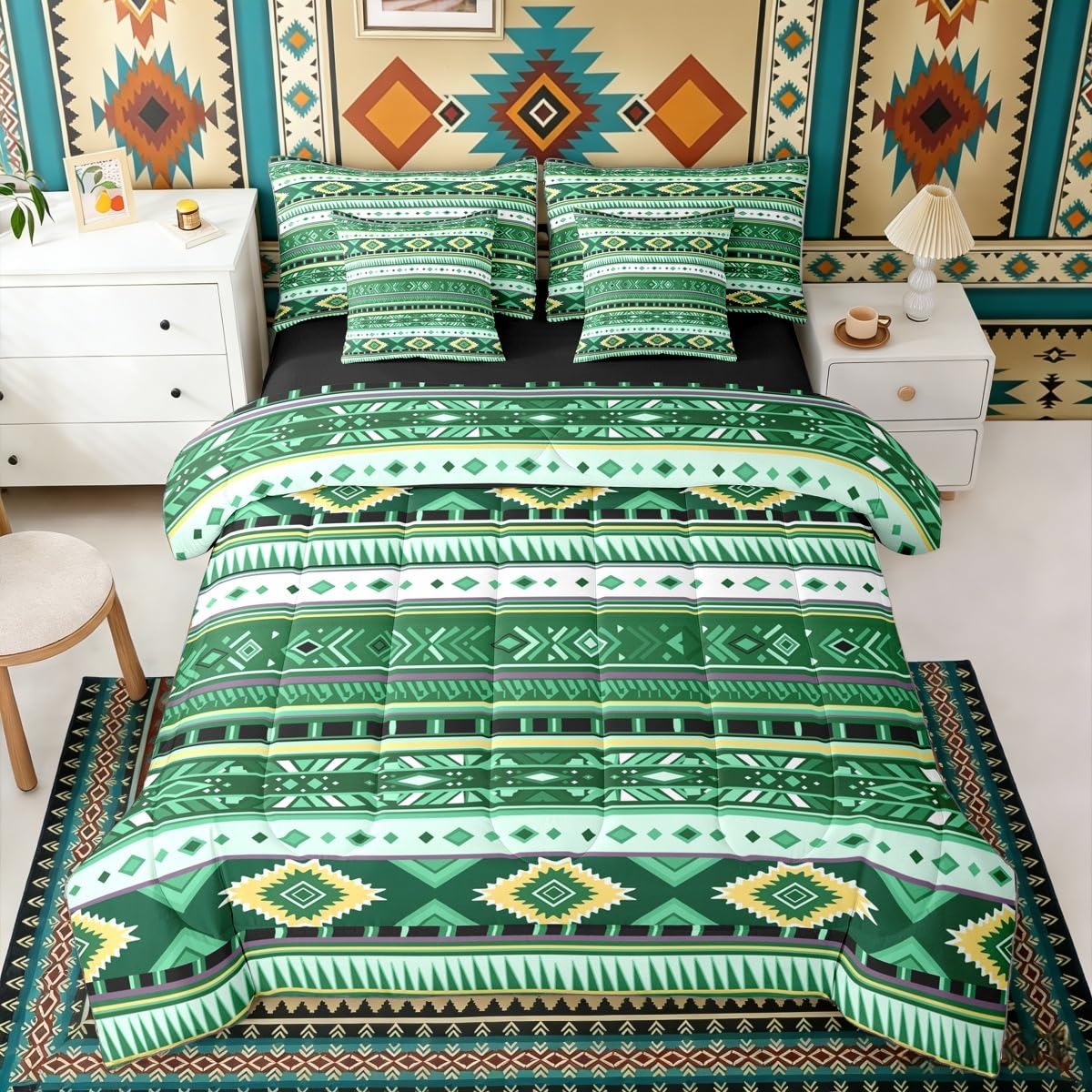 Erosebridal Cowboy White Dark Green Aztec Full Comforter Set 7 Pieces | Southwestern Farmhouse Bed in A Bag for Bedroom Bohemian Tribal Cowgirl Bedding Set with Comforters Adults Geometric Room Decor