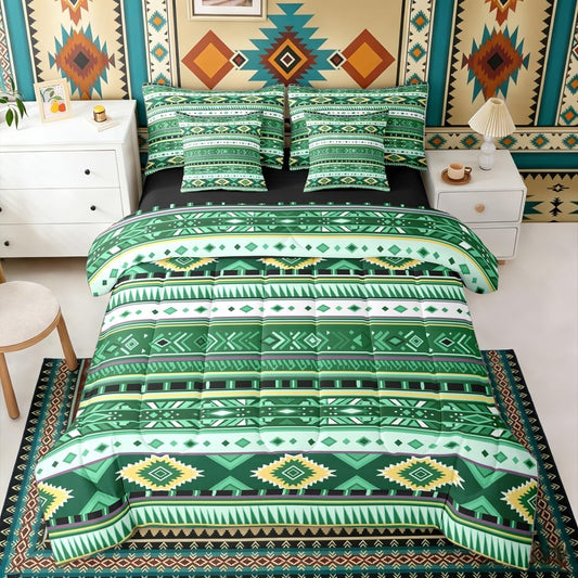Erosebridal Cowboy White Dark Green Aztec Full Comforter Set 7 Pieces | Southwestern Farmhouse Bed in A Bag for Bedroom Bohemian Tribal Cowgirl Bedding Set with Comforters Adults Geometric Room Decor