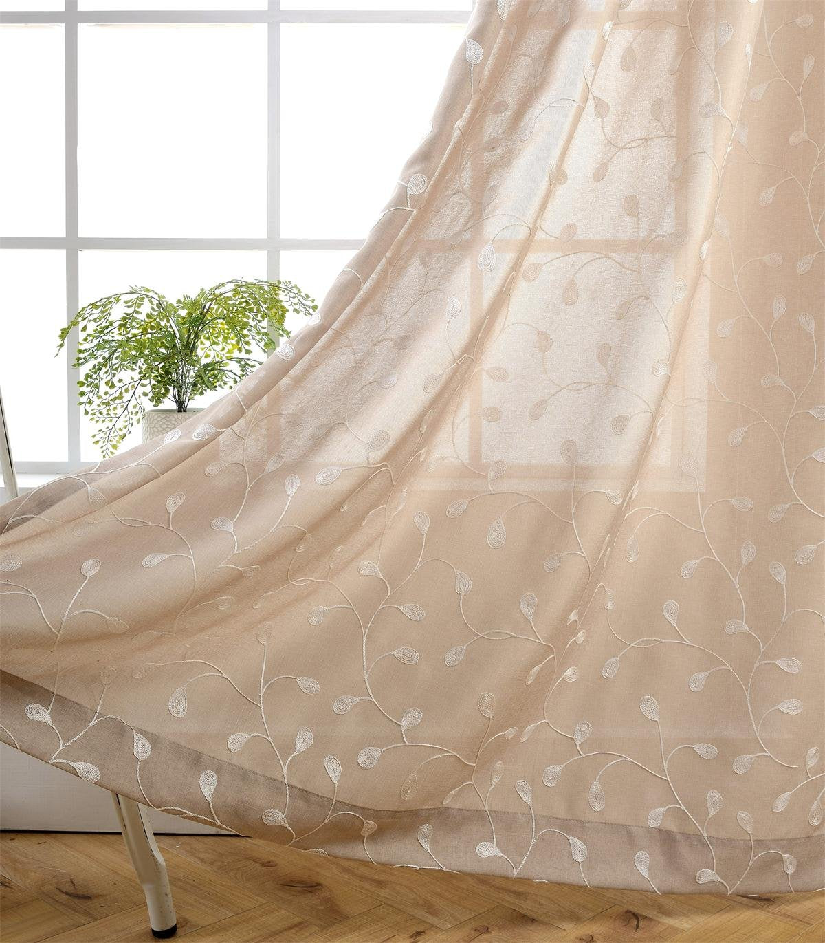 MIUCO Floral Embroidered Semi Sheer Curtains Faux Linen Grommet Window Drapes for Living Room 52 x 95 Inch 1 Pair Set, Linen