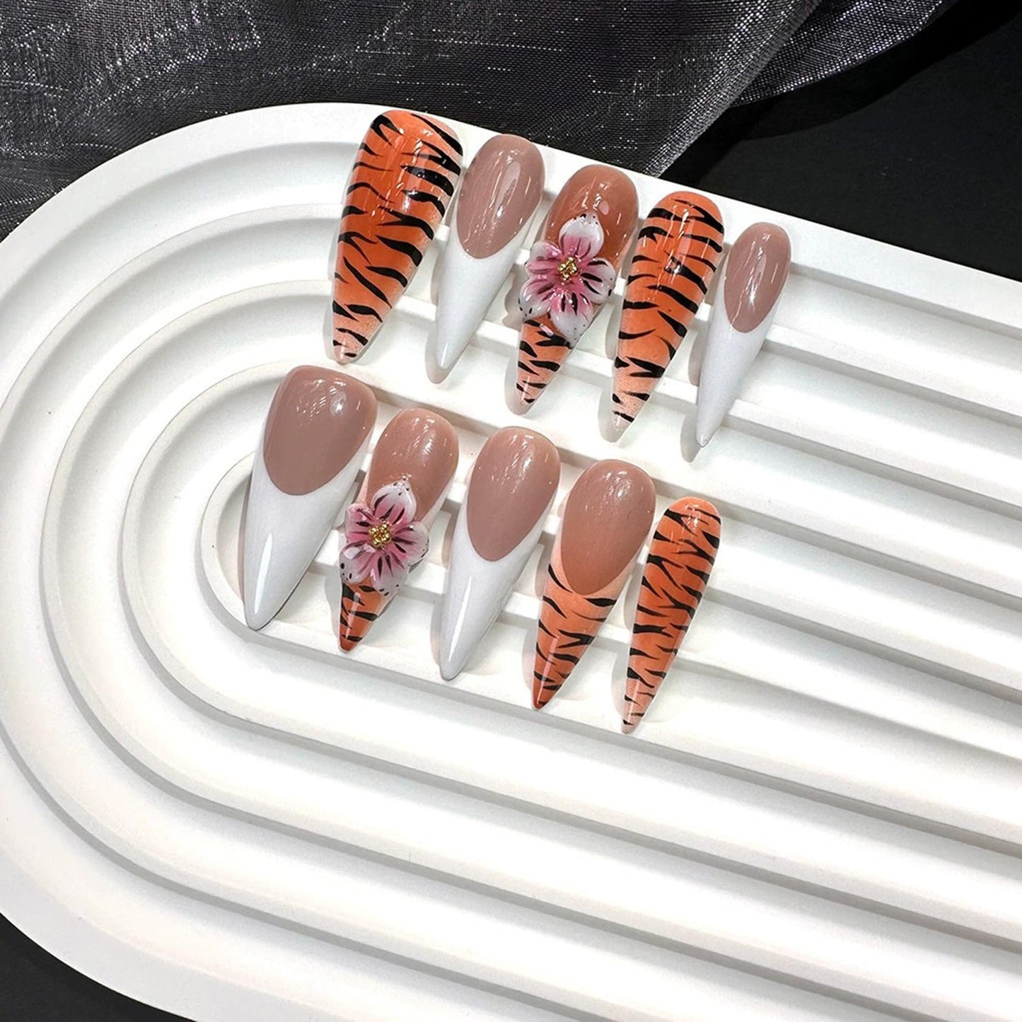White French Tip Fake Nails Long Almond Handmade Press on Nails Leopard Full Cover False Nails with 3D Flower Designs 10Pcs Acrylic Nails Press Ons Luxury Reusable Stick on Nail for Women (Size M)