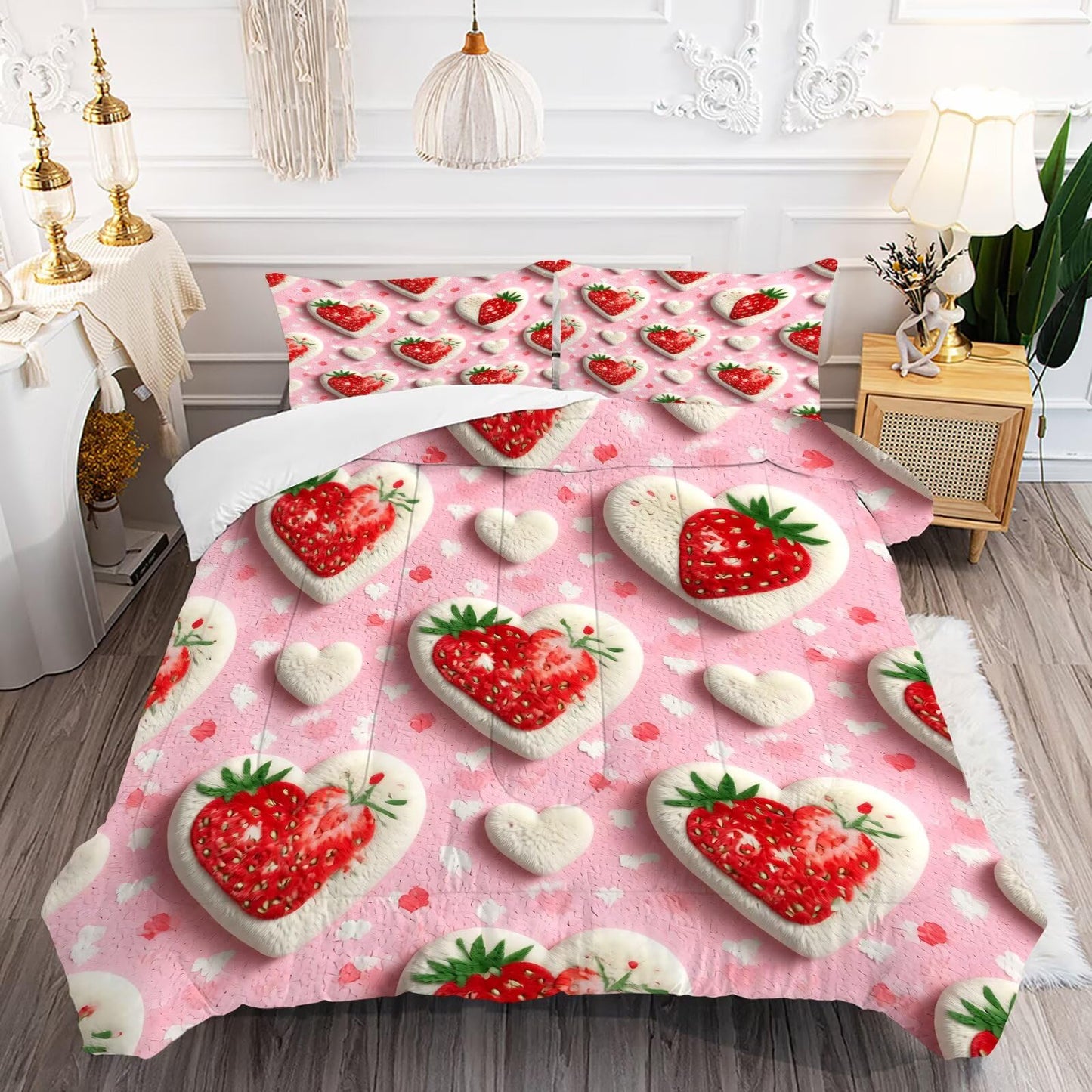 DJNEAR Strawberry Heart Comforter Set Twin Size Pink Heart Bedding Sets for Girls Kids Teens Adults Women Bedroom 3D Plush Cute Quilt Room Decor 1 Comforter 1 Pillowcase
