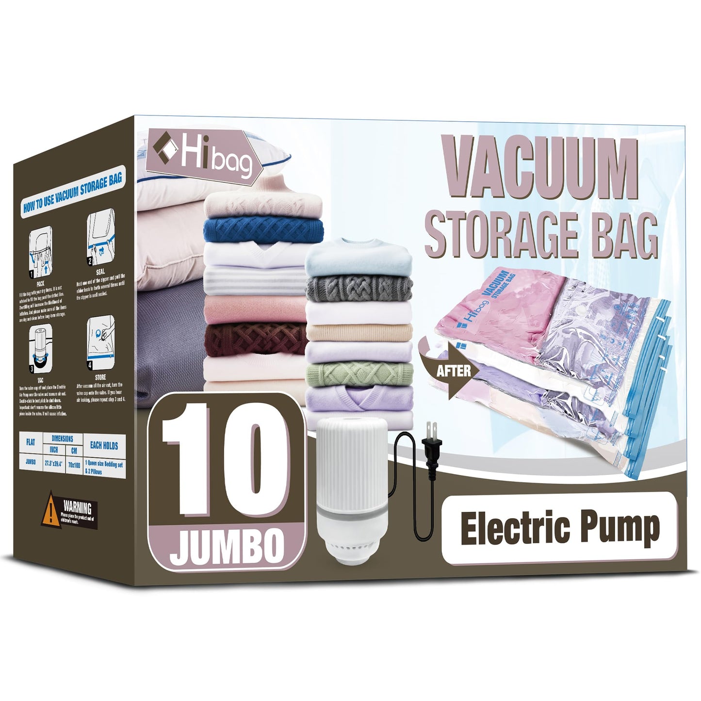 HIBAG Vacuum Storage Bags with Electric Pump, Vacuum Seal Bags for Clothing, Pillows, Blanket Bedding Comforters, 10 pack Jumbo