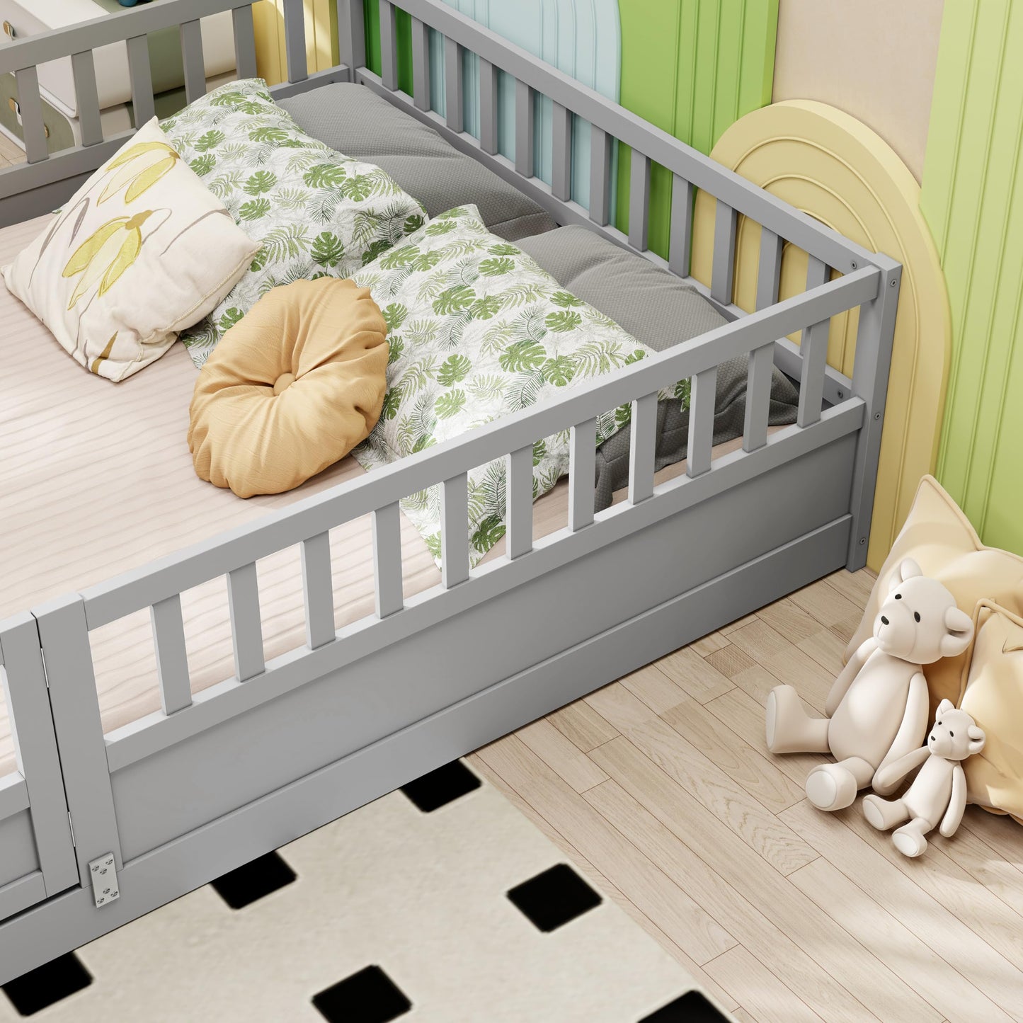 KEIKI Full Kids Floor Bed, Montessori Kids Floor Bedframe with Fence & Door, Children's Wood Bed for Living Room, Gray
