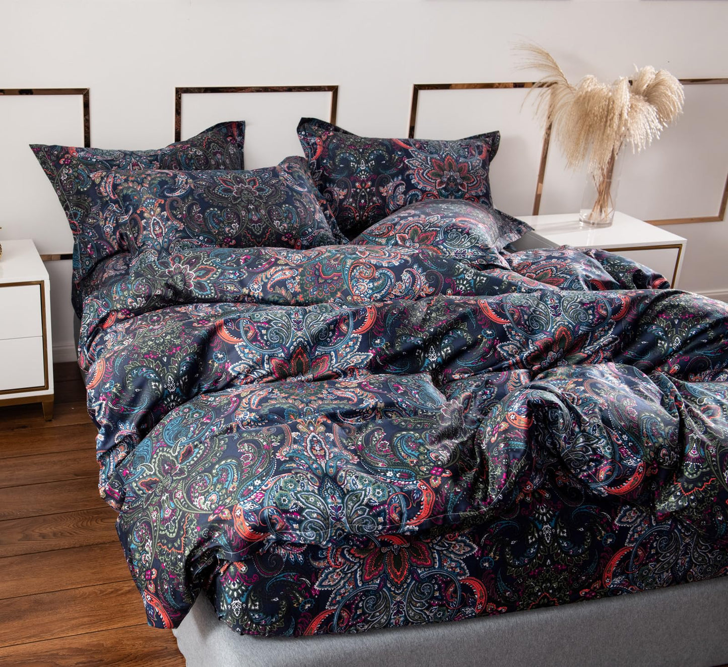 VM VOUGEMARKET Retro Paisley Duvet Cover Queen Size Boho Damask Duvet Cover Sets 100% Brushed Cotton Bedding Set,1 Duvet Cover and 2 Pillow Shams for All Seasons-Stormy Blue