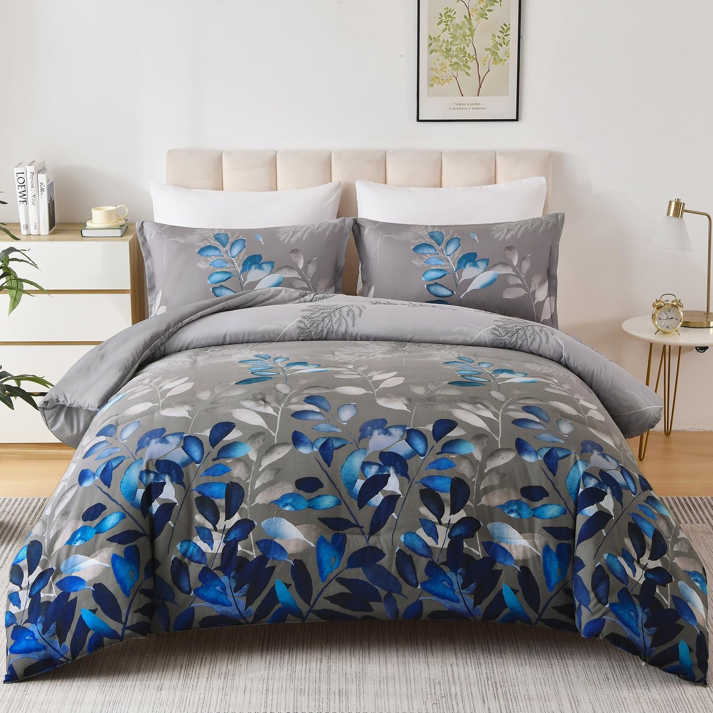 DJY King Size Comforter Set, Dark Grey Botanical Leaves Comforter Set King, 3 Pieces Reversible Blue Floral Bed Comforter Sets Soft Microfiber Bedding Comforter Set for All Season (90"x104")