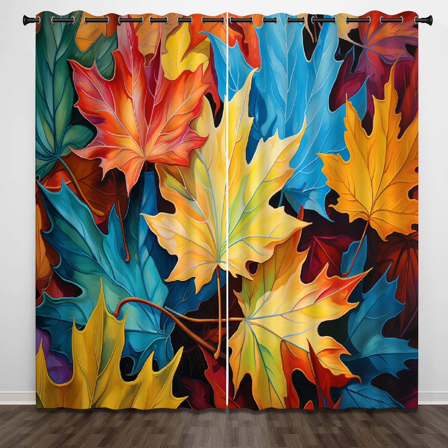 Colorful Maple Leaves Blackout Curtains, Bright Plant Texture 3D Printed Noise Reducing Drapes, 2 Panel Top Grommet Drapes for Bedroom Bathroom Living Room Kids Room(84" W x 84 "L)