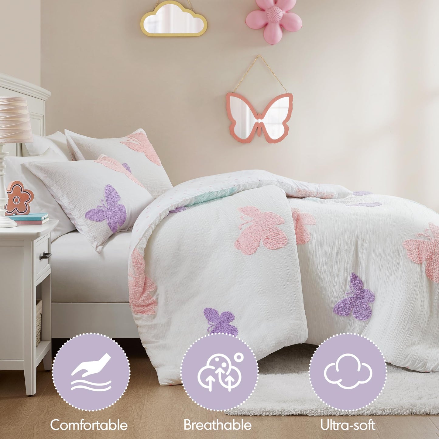 Intelligent Design Kids Rio Full/Queen Duvet Set – Girls’ Reversible Tufted Chenille Bedding with Pastel Purple Butterflies and Pink Dot, 3pcs