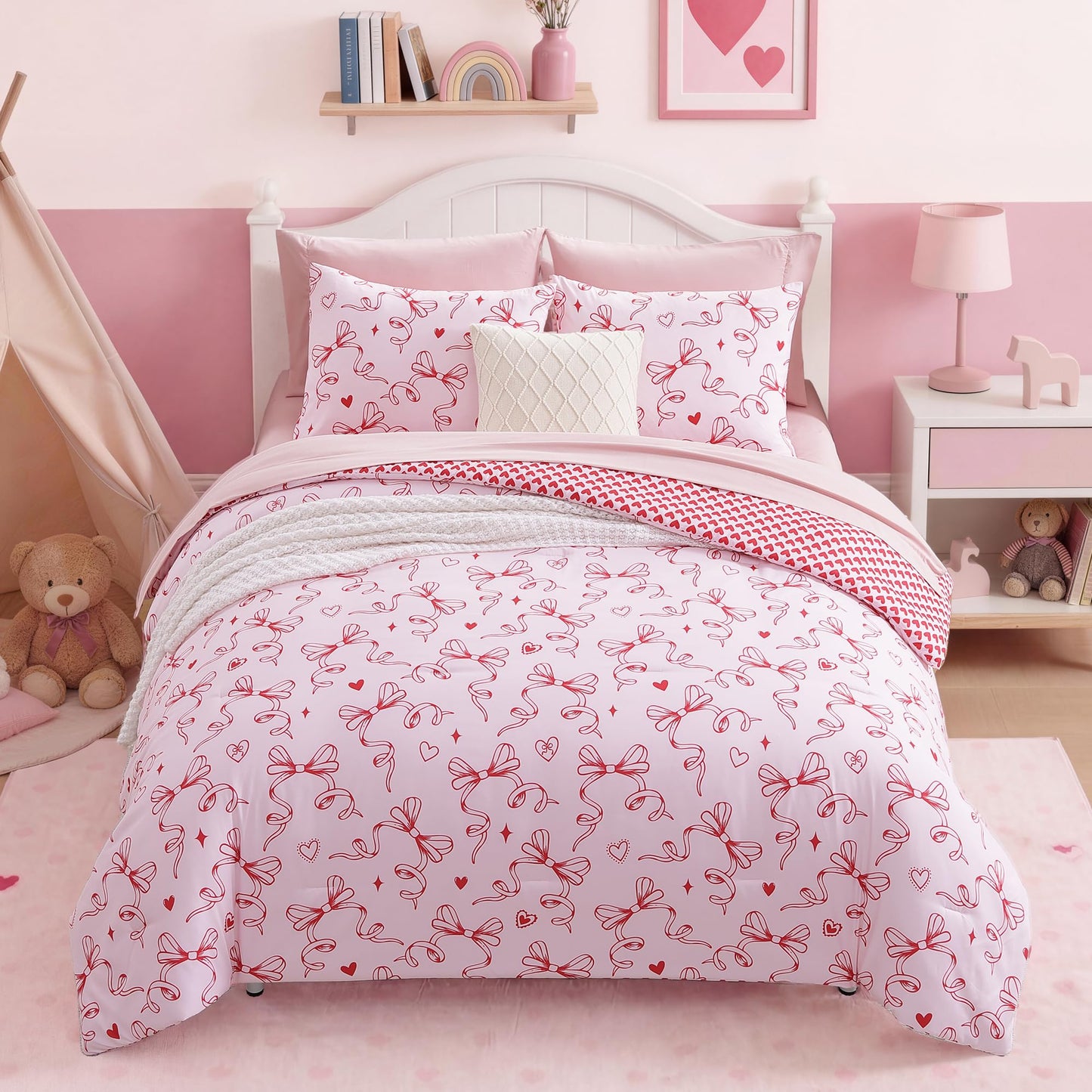 AMBERSPACE Twin XL Comforter Set for Girls, Red Bow Bedding Set Reversible with Cute Heart, All Season Kids Dorm Bed in a Bag 5 Pieces with Sheets, Pillowcase & Sham