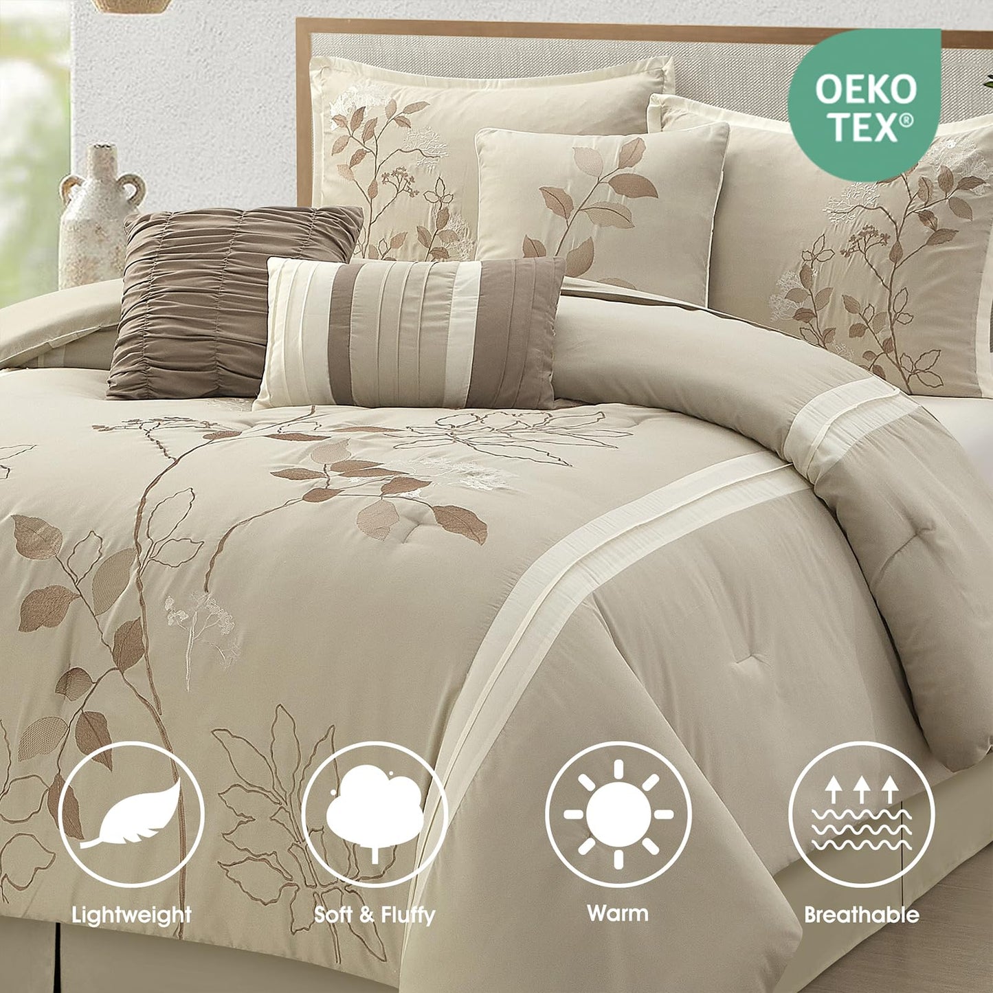 LANCO MODERN LIFESTYLE Beige Queen Comforter Set, 7 Pieces Bed in a Bag, Elegant Floral Leaves Embroidery, Soft and Lightweight All Seasons Bedding Set, Bedskirt, Pillow Shams, Decor Pillows