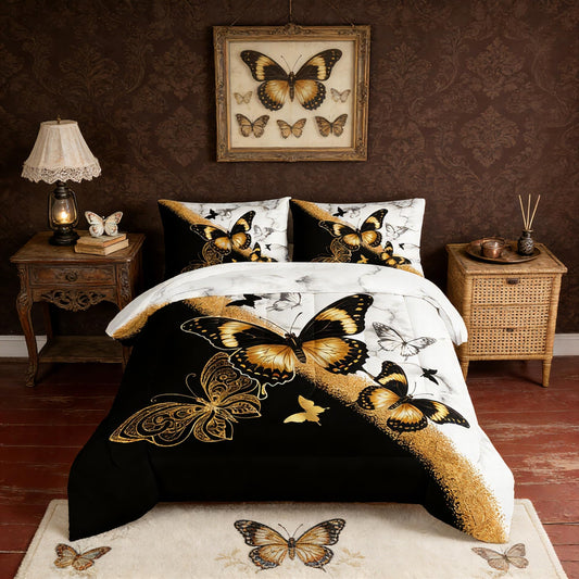 UEVBF Kids Bedding Twin Size Comforter Set,Black and Gold Butterfly Bedding Comforter Sets for Boys Girls Room Decor,Animal Themed Artistic Aesthetic Bedding Sets with 2 Pillowcases.