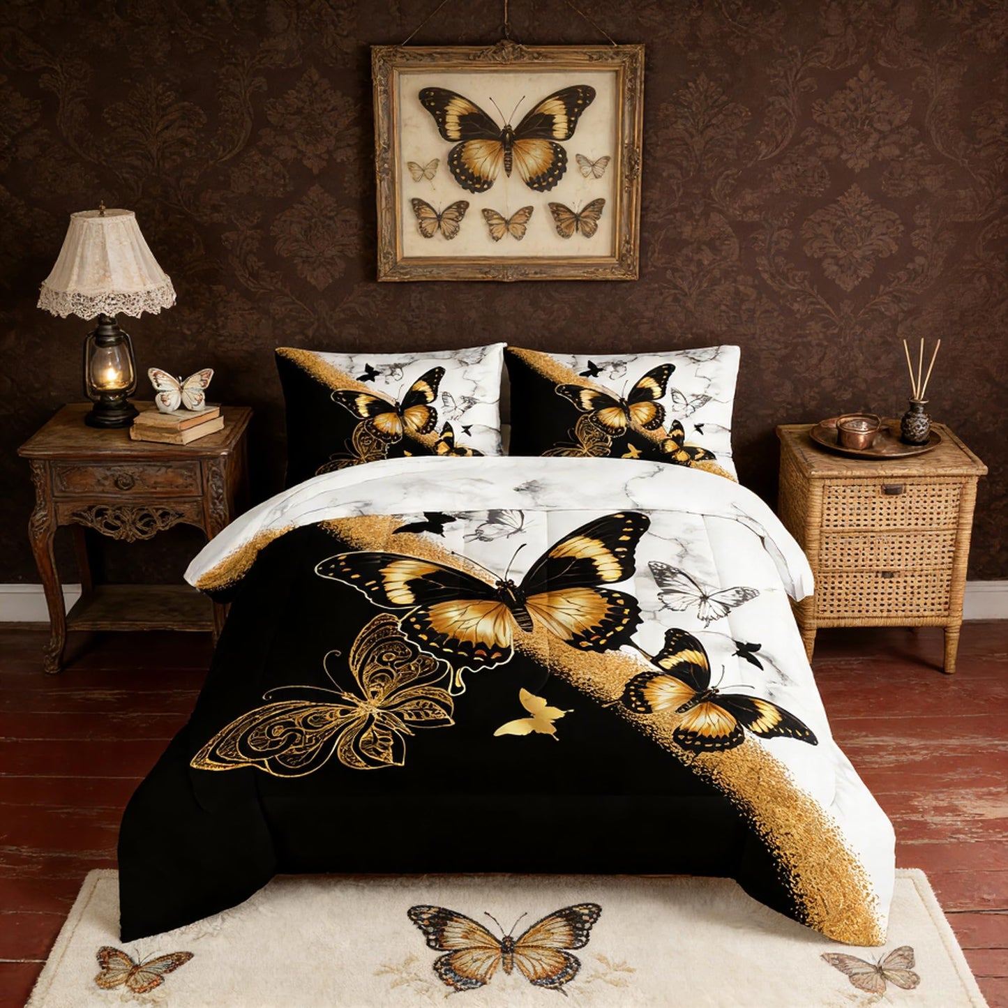 UEVBF Kids Bedding Queen Size Comforter Set,Black and Gold Butterfly Bedding Comforter Sets for Boys Girls Room Decor,Animal Themed Artistic Aesthetic Bedding Sets with 2 Pillowcases.