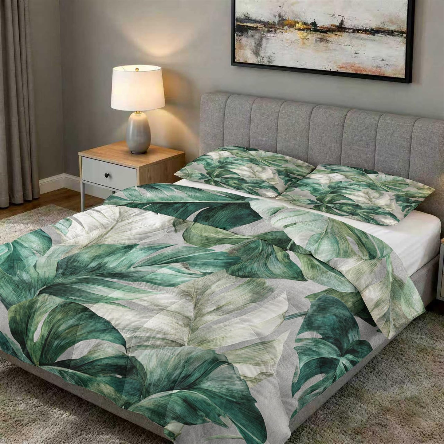 Monstera Leaf Comforter Set King Size 3Pc, Tropical Botanical Leaves Pattern Down Alternative Bed Comforter, 2 Pillow Shams, Soft All Season Bedding, Monstera Leaf Bedroom Decor AF3788