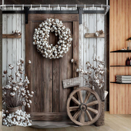 Drgilau Rustic Barn Door Shower Curtain, Farmhouse Wooden Shower Curtain Vintage Country Cotton Flowers Bathroom Curtain Decor Waterproof Bath Curtain Sets with 12 Hooks, Brown-2 48X72 Inch